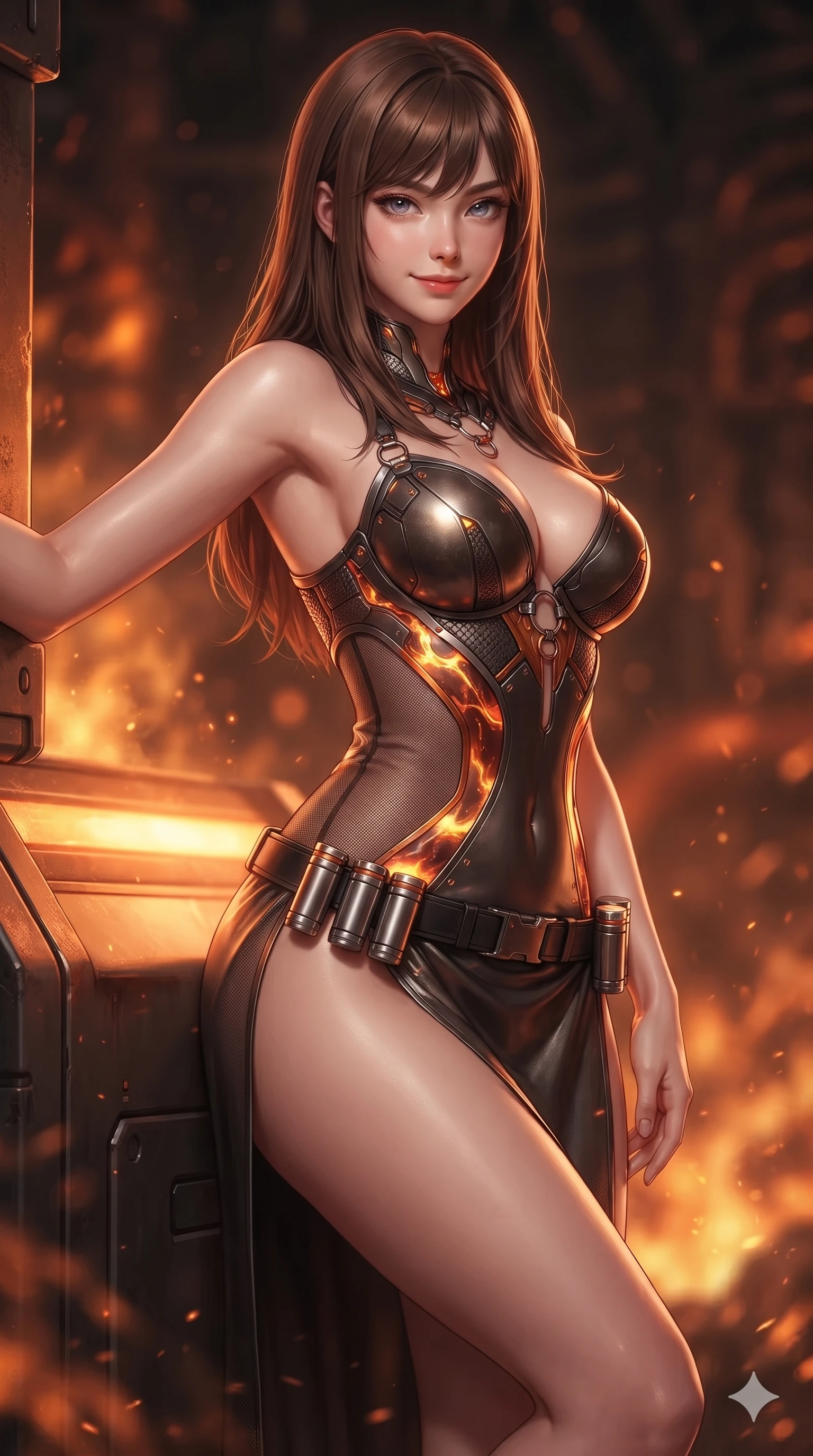 score_9, masterpiece, best quality, ultra-detailed, high-budget anime keyframe, editorial fashion photography, tasteful artistic composition, Korean woman. close-up cowboy shot from the waist and thighs up, the character dominates the composition, filling the frame with her large presence. leaning back against the glowing maintenance bulkhead with relaxed seductive grace, her flat midriff and narrow waist highlighted as laser ambient light traces her curves while twisting her slender torso in an alluring contrapposto stance, blazing liquid plasma reflections tracing her narrow waist and curvy hips in molten gold and copper. The background shows a soft-focus roaring geothermal plasma conduits and swirling subterranean steam blurred into fiery orange, amber, and deep copper bokeh. She has an exceptionally elegant, slender, and willowy female figure with an ultra-slim waist, flat toned midriff, narrow ribcage, and sculpted feminine hips creating an alluring, slim hourglass silhouette without bulk. sharp v-shaped jawline, high-bridge nose, intricate jewel-like sparkling eyes with depth, thick eyelashes, glossy parted lips with a natural sheen, bright confident smile with an enchanting and coquettish sensual glint, exuding both youthful magnetic charm and sovereign high-tech allure, flawlessly proportioned anatomical accuracy, strict slender model proportions, natural body alignment, perfectly sculpted long slender limbs, ultra-slim waistline, clean dynamic posture without body distortion. wearing an alluring plunging sweetheart cyber-bodice dress with sheer mesh side-waist cutouts contouring her ribs in fiery geothermal copper and molten amber glow, adorned with delicate chrome ring hardware and cutouts along her slender waist, accented with a sleek utility belt with polished magnetic canisters resting loosely on her curvy hips, the high-slit tactical tailoring accentuating her ultra-slim waistline and the enchanting curve of her feminine hips with alluring seductive charm. illuminated by floor warning lights and sharp copper rim lighting sculpting her razor-sharp jawline, narrow waist, and curvy hips. ultra-reflective glossy finish, specular highlights, rich textural contrasts, high-contrast stereoscopic depth, volumetric dynamic lighting, 2k, ultra detail, master piece, 9:16 ratio