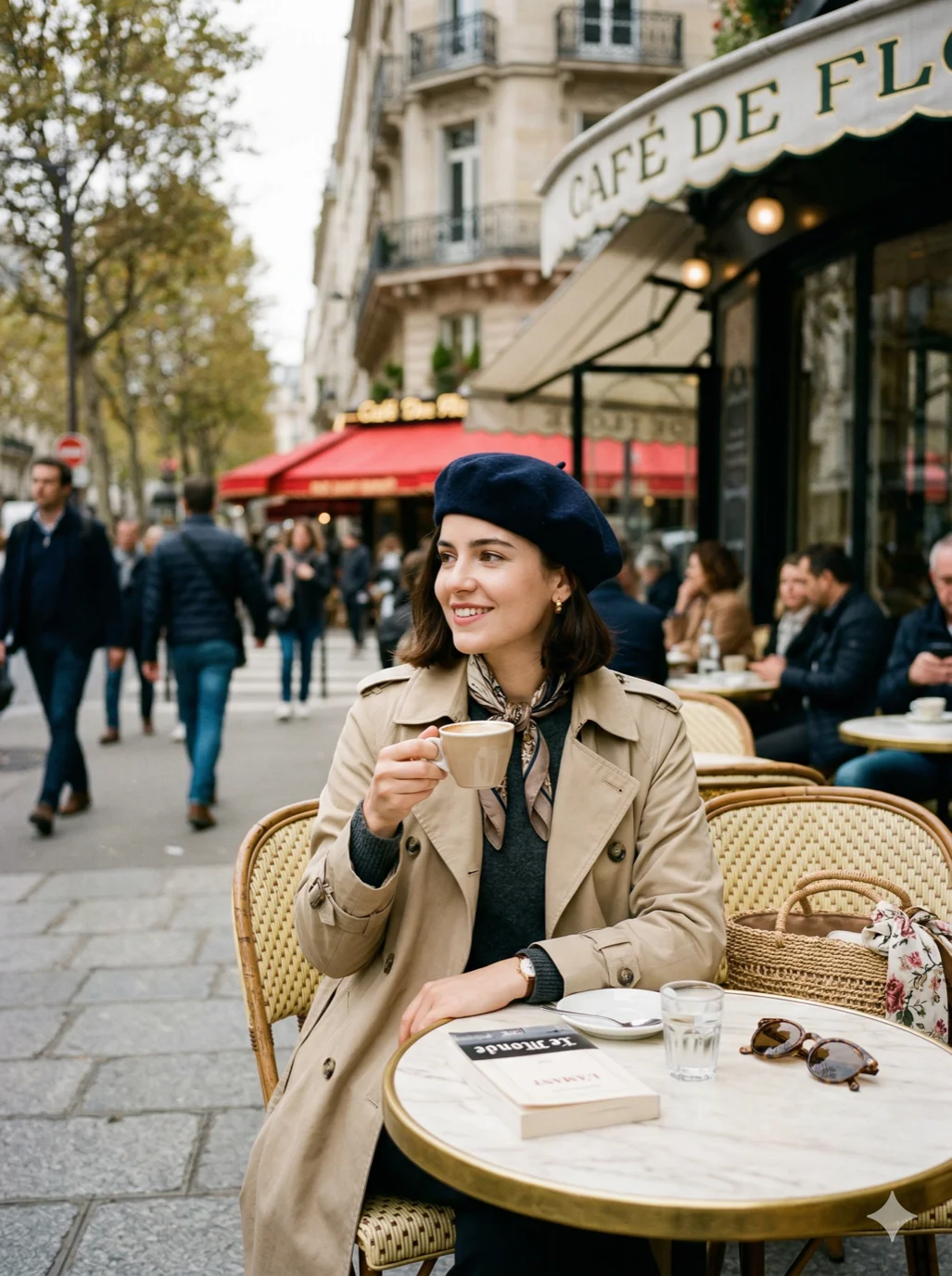A chic Parisian woman sitting at a cafe, wearing a beret and a trench coat, cinematic street style, 2k, ultra detail, master piece, 3:4 ratio