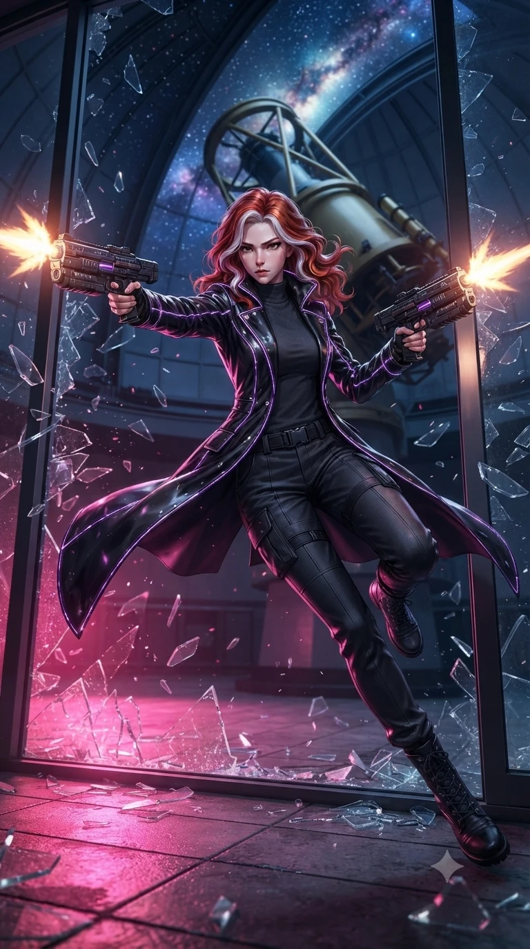 score_9, masterpiece, best quality, ultra-detailed, high-budget anime keyframe, editorial fashion photography, tasteful artistic composition, realistic cosplay photography, Caucasian woman, strictly human ears. low angle full-body shot from head to toe showing her feet, filling the entire 9:16 vertical frame with her statuesque presence, stretching her vertical silhouette. diving sideways through a breaking glass window while shooting her plasma blasters inside a high balcony looking up at a giant telescope dome, stars and nebulae projected on the sky canopy. She has a statuesque 8.5-heads proportion, an exceptionally tall, slender and willowy model-like build with impossibly long legs and a highly sculpted ultra-slim waist. sharp v-shaped jawline, high-bridge nose, intricate jewel-like eyes with depth, thick eyelashes, glossy lips with a natural sheen. wearing catching and diffusing the glowing particles, shimmering softly in response to the surrounding light, a form-contouring tailored black neo-noir duster coat with integrated purple LED stitching along the seams, over a charcoal mock-neck shirt and utility slacks. dramatic contrast of hot pink furnace glow from below and cool golden light from above. ultra-reflective glossy finish, specular highlights, metallic sheen, high-contrast stereoscopic depth, volumetric dynamic lighting, 2k, ultra detail, master piece, 9:16 ratio