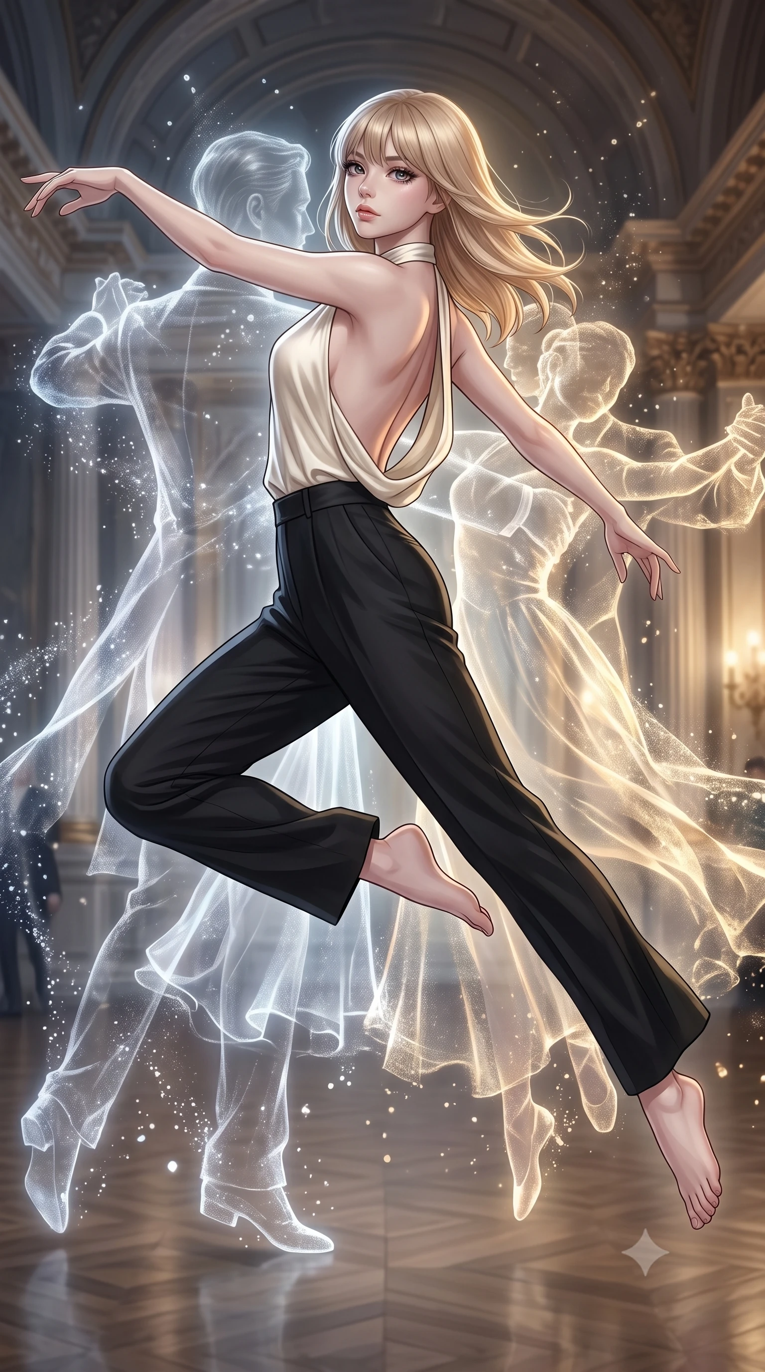 score_9, masterpiece, best quality, ultra-detailed, high-budget anime keyframe, editorial fashion photography, tasteful artistic composition, Japanese woman. low angle full-body shot from head to toe showing her feet, filling the entire 9:16 vertical frame with her statuesque presence, stretching her vertical silhouette. leaping gracefully through a grand ballroom where quantum particles appear and disappear in probability clouds ghostly translucent waltz partners materializing and dissolving with each observation wave functions collapsing into brief moments of beauty. She has a statuesque 8.5-heads proportion, an exceptionally tall, slender and willowy model-like build with impossibly long legs and a highly sculpted ultra-slim waist. sharp v-shaped jawline, high-bridge nose, intricate jewel-like eyes with depth, thick eyelashes, glossy lips with a natural sheen. wearing an ivory silk halter-neck top with a draped open back, tucked into tailored black wide-leg trousers. shifting uncertain light that flickers between existence and non-existence with particle-wave duality creating ghostly double-exposed illumination in cool silver and warm gold. 2k, ultra detail, master piece, 9:16 ratio