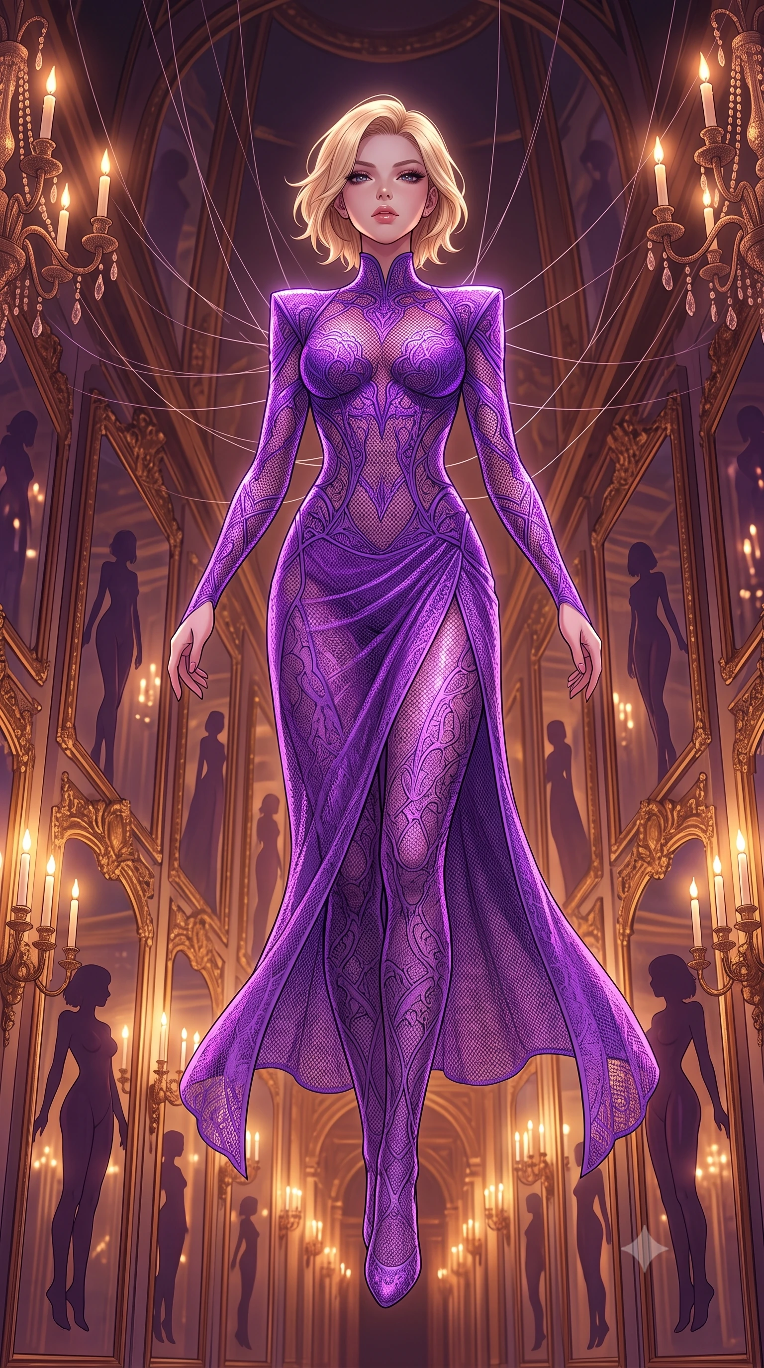 score_9, masterpiece, best quality, ultra-detailed, High-budget Anime Keyframe, Caucasian woman, strictly human ears. Low angle cowboy shot filling the entire 9:16 frame with her statuesque presence. Scenario 507: suspended by invisible silk threads inside a hall of mirrors reflecting infinite silhouettes in warm candlelight. Her presence is magnetic and overpowering in this high-budget anime scene. Outfit 507: a form-contouring neon violet micro-mesh lace catsuit featuring a high-slit skirt and structured shoulders. The clothing is designed to emphasize her exceptionally tall and slender 8-heads proportion. 8-heads proportion, towering silhouette, ultra-slim waist. sharp v-shaped jawline, intricate jewel-like eyes with depth, thick eyelashes, glossy lips. 2k, ultra detail, master piece, 9:16 ratio