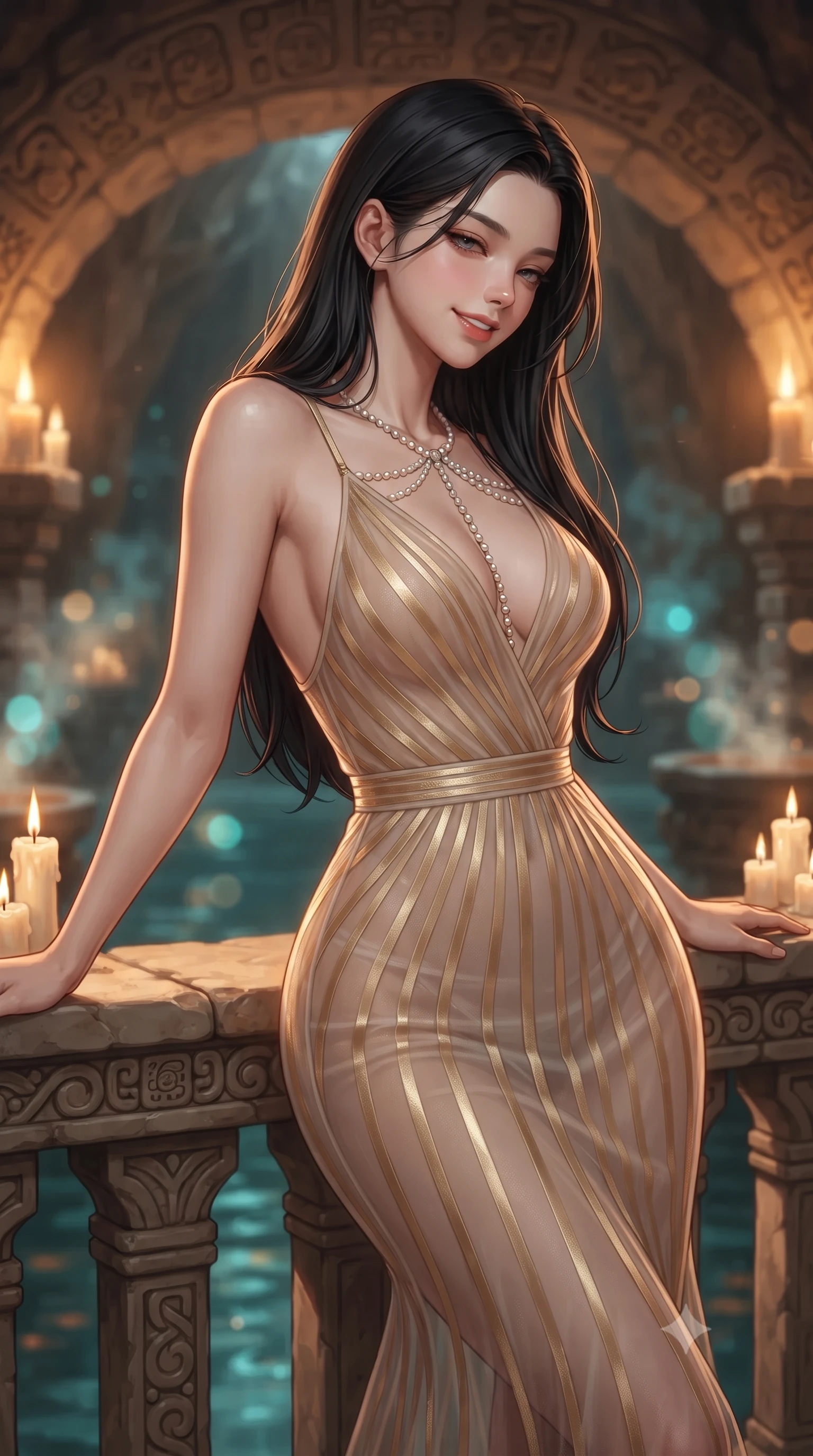 score_9, masterpiece, best quality, ultra-detailed, high-budget anime keyframe, editorial fashion photography, tasteful artistic composition, Korean woman. close-up cowboy shot from the waist and thighs up, the character dominates the composition, filling the frame with her large presence. leaning back against the balustrade with relaxed seductive grace, head tilted back slightly while casting a hypnotic, heavy-lidded gaze while twisting her slender torso in an alluring contrapposto stance beside the candlelit stone bench, warm amber torchlight tracing her narrow waist and curvy hips. The background shows a soft-focus natural vaulted limestone cave ceilings with carved Mayan glyphs, flickering candles on stone ledges, and fragrant rising steam blurred into turquoise, amber, and cream bokeh. She has an exceptionally elegant, slender, and willowy female figure with an ultra-slim waist, flat toned midriff, narrow ribcage, and sculpted feminine hips creating an alluring, slim hourglass silhouette without bulk. sharp v-shaped jawline, high-bridge nose, intricate jewel-like sparkling eyes with depth, thick eyelashes, glossy parted lips with a natural peach sheen, bright cheerful beaming smile with an enchanting and coquettish sensual glint, exuding both youthful cute charm and seductive allure, flawlessly proportioned anatomical accuracy, strict slender model proportions, natural body alignment, perfectly sculpted long slender limbs, ultra-slim waistline, clean dynamic posture without body distortion. wearing a plunge-front sheer illusion tulle slip dress with liquid gold ribbon stripes hugging her curves in Deauville Belle Époque champagne luster and seafoam pearl, made of fluid liquid jersey with seamless sculpting hold and smooth contours, accented with a pearl-drop body harness subtly framing her dewy collarbones and spine, the glove-like clinging cut tightly following the natural contour of her hips and long slender legs with youthful 8.5-heads elegance. illuminated by cave water reflection bounce and sharp honey-gold rim lights defining her razor-sharp jawline, narrow waist, and curvy hips. ultra-reflective glossy finish, specular highlights, rich textural contrasts, high-contrast stereoscopic depth, volumetric dynamic lighting, 2k, ultra detail, master piece, 9:16 ratio