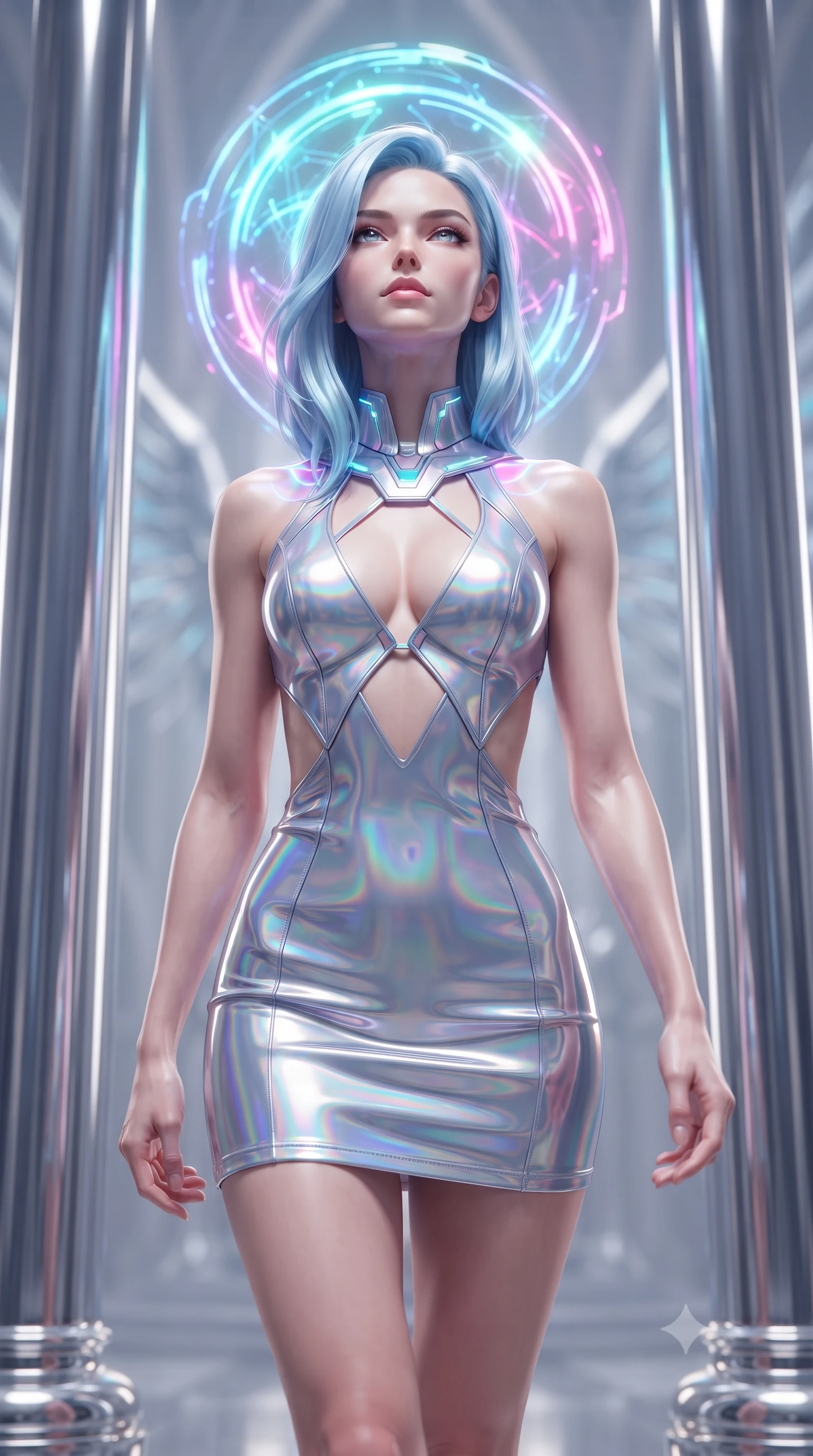 score_9, masterpiece, best quality, ultra-detailed, high-budget anime keyframe, editorial fashion photography, tasteful artistic composition, Korean woman. close-up cowboy shot from the waist and thighs up, the character dominates the composition, filling the frame with her large presence. tilting her head back with serene regal elegance, her sharp jawline and sculpted collarbones highlighted by glowing neon halo reflections while striding commanding between colossal polished chrome pillars in a futuristic cyber-cathedral as a floating neon halo rotates behind her head. The composition keeps background elements in soft focus with creamy bokeh. floating chrome wing filaments and distant cyber-cathedral spires softened in ethereal shallow depth of field. She has an exceptionally elegant, slender, and willowy female figure with an ultra-slim waist, a gracefully sculpted slender torso, toned flat midriff, and a refined slim silhouette. sharp v-shaped jawline, high-bridge nose, intricate jewel-like eyes with depth, thick eyelashes, glossy lips with a natural sheen, flawlessly proportioned anatomical accuracy, strict slender model proportions, natural body alignment, perfectly sculpted long slender limbs, ultra-slim waistline, clean dynamic posture without body distortion. wearing a high-gloss lacquer cyber-couture mini dress with an open-back architectural cut and subtle glowing micro-filaments in iridescent holographic chrome with prism violet highlights, formed from high-gloss patent material with specular chiaroscuro reflections, featuring a sleek aerodynamic collar framed by subtle glowing cybernetic accents, the precision-cut daring openings accentuating her delicate midriff, graceful bare collarbones, and ultra-slim feminine waistline. surrounded by a majestic, sacred, and breathtakingly futuristic cyber-deity atmosphere. ultra-reflective glossy finish, specular highlights, dark metallic sheen, high-contrast stereoscopic depth, volumetric dynamic lighting, 2k, ultra detail, master piece, 9:16 ratio