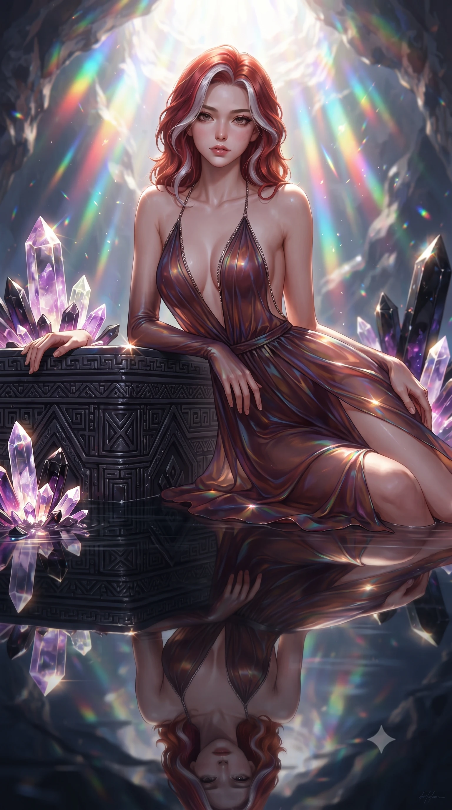 score_9, masterpiece, best quality, ultra-detailed, high-budget anime keyframe, editorial fashion photography, tasteful artistic composition, Caucasian woman. close-up cowboy shot from the waist and thighs up, the character dominates the composition, filling the frame with her large presence, background elements kept in soft focus. Leaning slightly forward with a composed, seductive gaze under soft glowing light resting on a carved obsidian altar surrounded by radiant crystal shards, still mirror-like water below reflecting her statuesque figure flawlessly. She has an exceptionally elegant, slender, and willowy female figure with an ultra-slim waist, a gracefully sculpted slender torso, and a refined silhouette. sharp v-shaped jawline, high-bridge nose, intricate jewel-like eyes with depth, thick eyelashes, glossy lips with a natural sheen. wearing a translucent iridescent chiffon gown with a plunging neckline and open back in deep burgundy and bronze, crafted from iridescent chiffon that shifts colors in the light, adorned with delicate metallic chain straps along the neckline, the glove-like fit emphasizing her statuesque silhouette. bathed in brilliant prismatic light filtering from a natural cavern skylight. ultra-reflective glossy finish, specular highlights, metallic sheen, high-contrast stereoscopic depth, volumetric dynamic lighting, 2k, ultra detail, master piece, 9:16 ratio