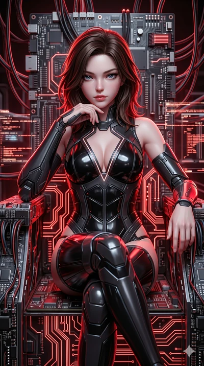 score_9, masterpiece, best quality, ultra-detailed, high-budget anime keyframe, semi-realistic 3D game render, Korean woman. Upper body close-up from the thighs up, character filling the screen for maximum presence. She is seated dynamically on a thr