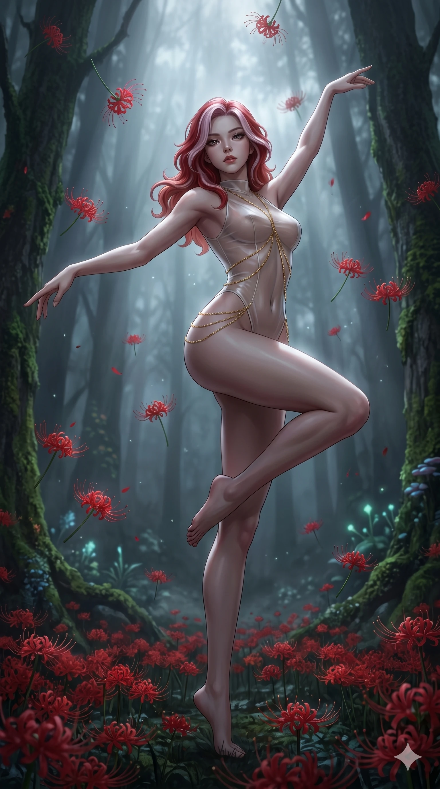 score_9, masterpiece, best quality, ultra-detailed, High-budget Anime Keyframe, East Asian woman. Low angle cowboy shot filling the entire 9:16 frame with her statuesque presence. Scenario 185: Dancing amidst falling red spider lilies in a misty dark forest. Her presence is magnetic and overpowering in this high-budget anime scene. Outfit 185: A sheer organza bare with a high-cut leg line and fine gold chains. The clothing is designed to emphasize her exceptionally tall and slender 8-heads proportion. 8-heads proportion, towering silhouette, ultra-slim waist. sharp v-shaped jawline, intricate jewel-like eyes with depth, thick eyelashes, glossy lips. 2k, ultra detail, master piece, 9:16 ratio