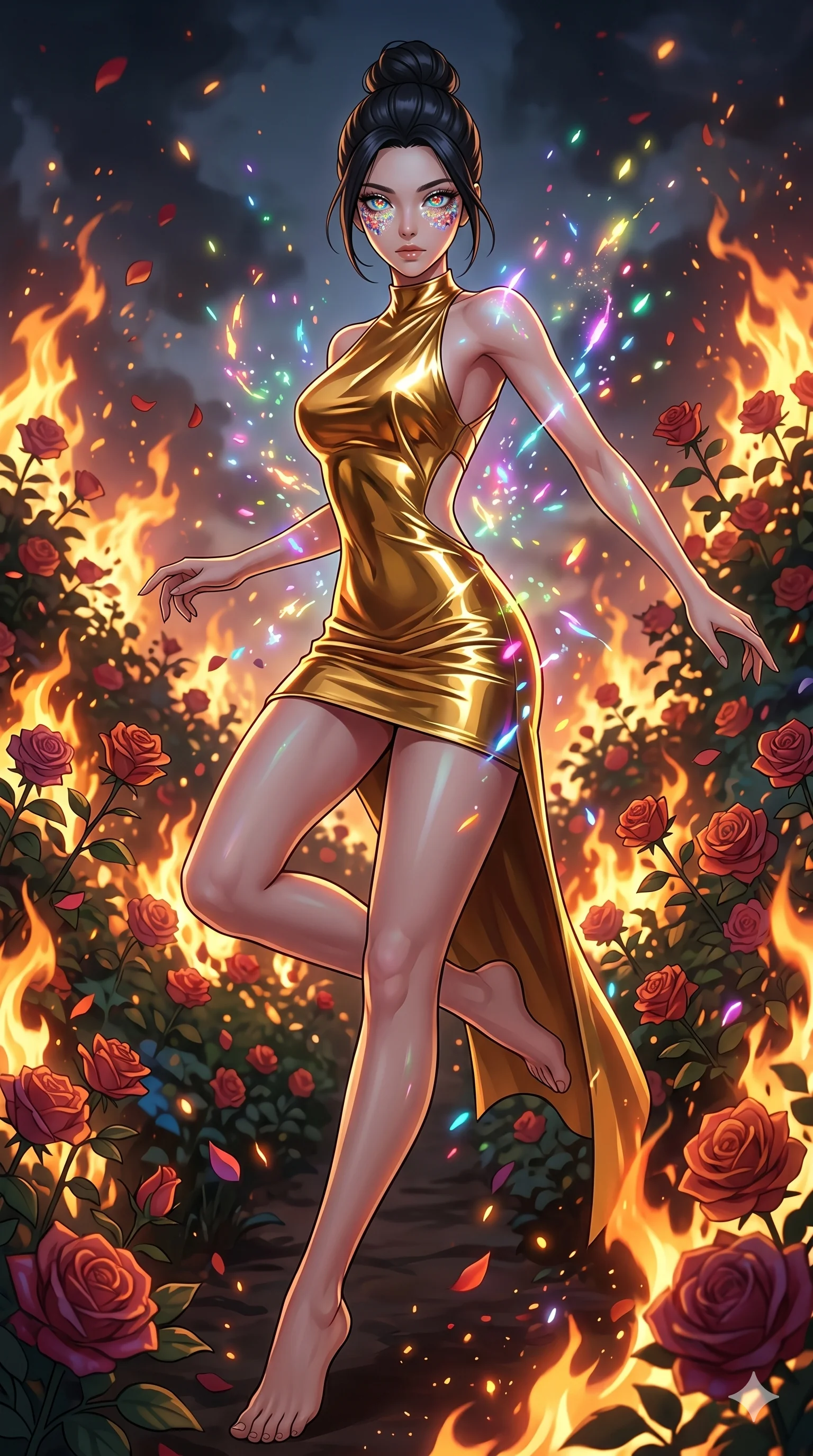 score_9, masterpiece, best quality, ultra-detailed, Set A: High-budget Anime Keyframe, Korean woman. Low angle cowboy shot filling the entire 9:16 frame with her statuesque presence. Leaping through a burning rose garden, while her eyes glow with 230 different colors and surrounded by glowing energy sparks. She has an absolutely perfect 8-heads proportion, an exceptionally tall and slender female figure with impossibly long slender legs and an ultra-slim waist. Sharp v-shaped jawline, high-bridge nose, intricate jewel-like eyes with depth, thick eyelashes, glossy lips with a natural sheen. Wearing Liquid gold mini-dress with a sharp architectural silhouette and open back. Cinematic lighting, vibrant colors, dramatic shadows, 2k, ultra detail, master piece, 9:16 ratio