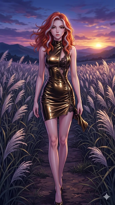 score_9, masterpiece, best quality, ultra-detailed, High-budget Anime Keyframe, East Asian woman. Dynamic full-body shot stretching the vertical silhouette to the limit. Scenario 238: Walking through a field of tall silver grass at twilight. Her pres