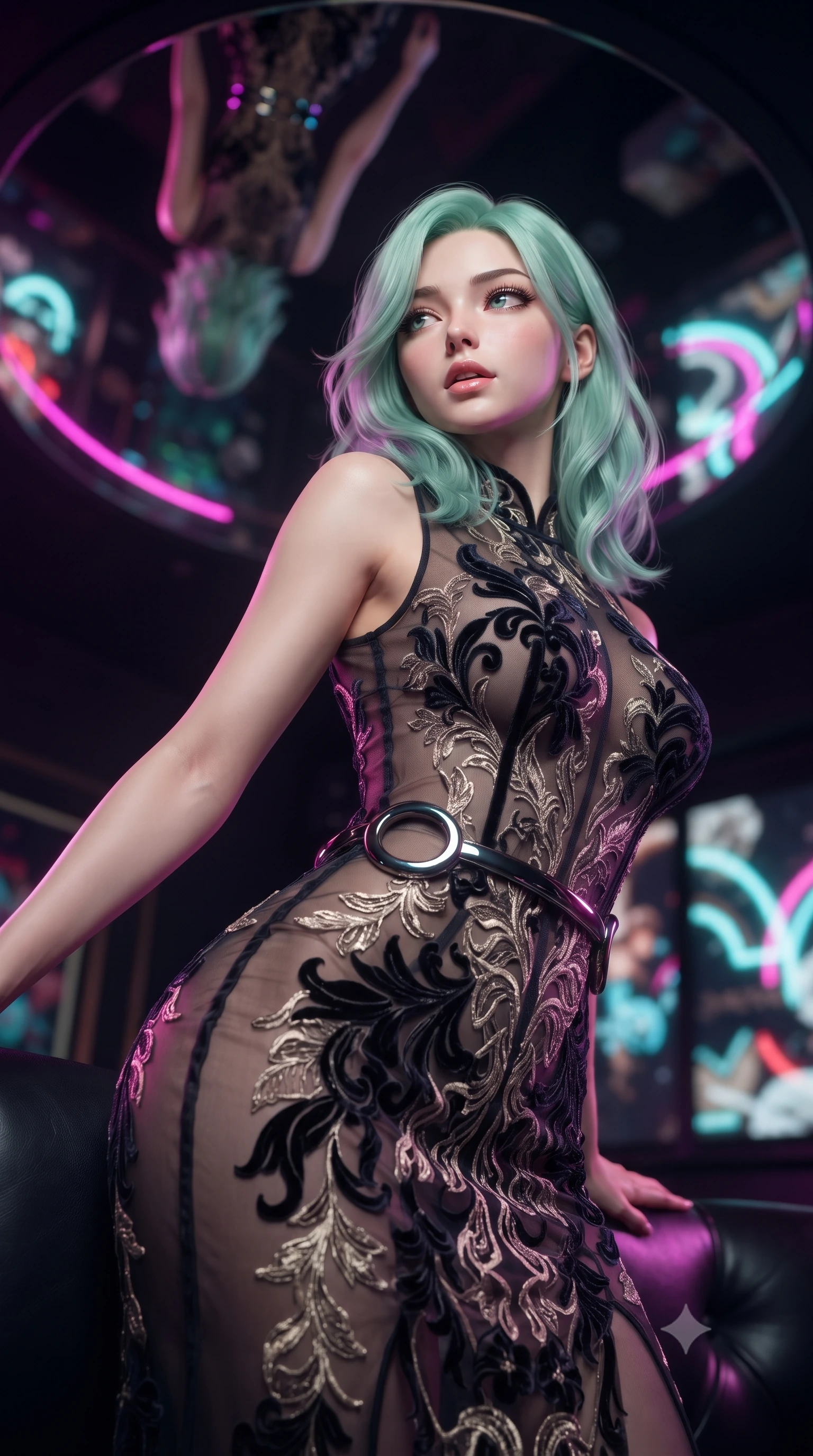 score_9, masterpiece, best quality, ultra-detailed, high-budget anime keyframe, editorial fashion photography, tasteful artistic composition, Japanese woman. close-up cowboy shot from the waist and thighs up, the character dominates the composition, filling the frame with her large presence, background elements kept in soft focus. Tilting her chin up slightly with lips parted in a composed, magnetic expression, glancing sidelong over her shoulder with an enigmatic, smoldering expression, mirror ceiling reflecting her statuesque figure and neon arcs in high resolution. She has an exceptionally elegant, slender, and willowy female figure with an ultra-slim waist, a gracefully sculpted slender torso, and a refined silhouette. sharp v-shaped jawline, high-bridge nose, intricate jewel-like eyes with depth, thick eyelashes, glossy lips with a natural sheen. wearing sculpted form-fitting dark velvet column gown in pitch black in champagne gold, made of sheer dark organza overlay, accented with sculpted obsidian chrome rings at the waist, following her slender form with tailored precision. illuminated by vibrant magenta and cyan neon rim light against pitch-black leather. ultra-reflective glossy finish, specular highlights, metallic sheen, high-contrast stereoscopic depth, volumetric dynamic lighting, 2k, ultra detail, master piece, 9:16 ratio