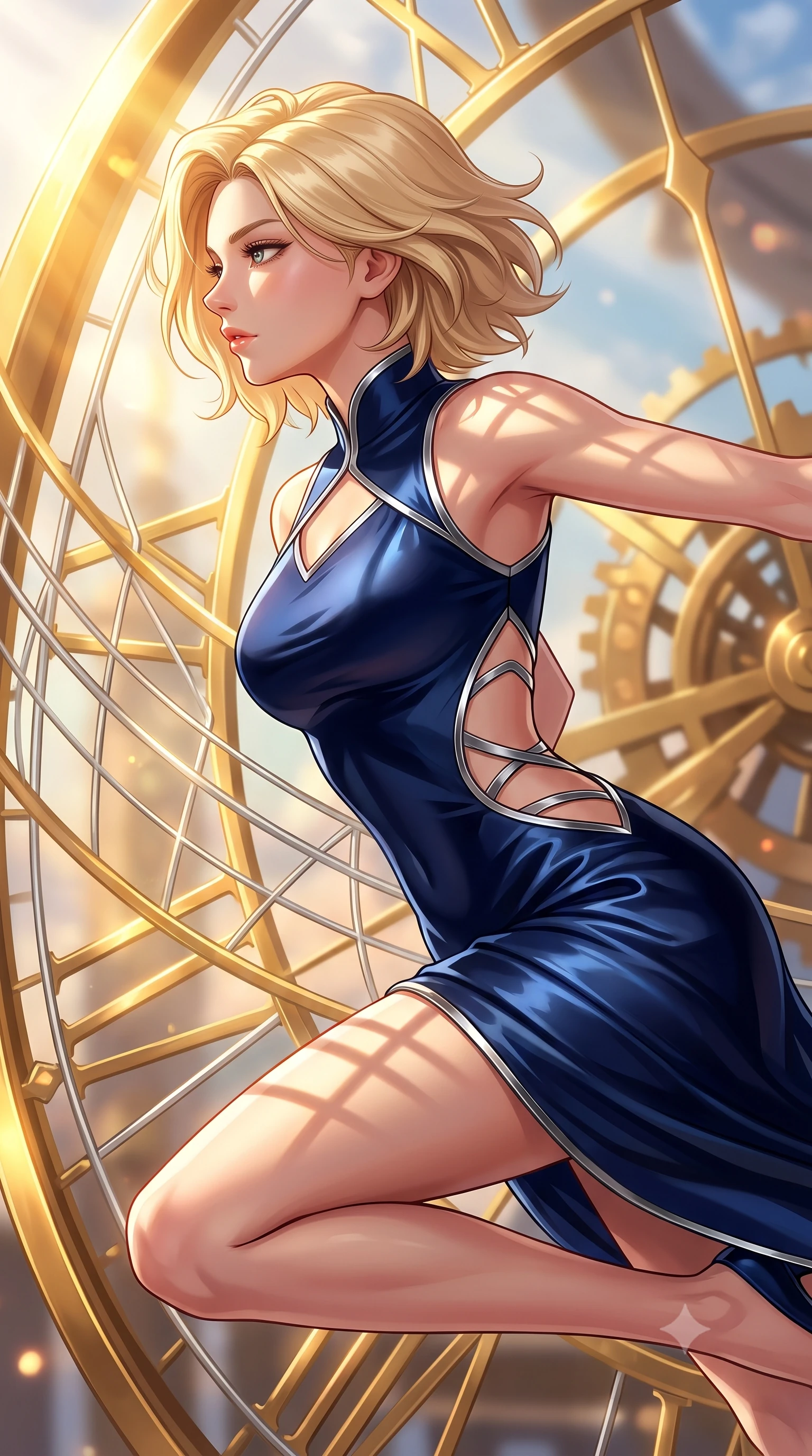 score_9, masterpiece, best quality, ultra-detailed, high-budget anime keyframe, editorial fashion photography, tasteful artistic composition, Caucasian woman. close-up cowboy shot from the waist and thighs up, the character dominates the composition, filling the frame with her large presence, background elements kept in soft focus. Turning her face in sharp profile while her upper body leans forward with poised athletic grace while leaping through intense volumetric sunbeams filtering through a giant golden solar clockwork, platinum wire lattices reflecting intense warm sunlight with brilliant metallic luster. She has an exceptionally elegant, slender, and willowy female figure with an ultra-slim waist, a gracefully sculpted slender torso, and a refined silhouette. sharp v-shaped jawline, high-bridge nose, intricate jewel-like eyes with depth, thick eyelashes, glossy lips with a natural sheen, flawlessly proportioned anatomical accuracy, natural body alignment, perfectly sculpted elegant limbs, clean dynamic posture without body distortion. wearing a modern fusion silk hanbok dress with a structured bodice and flowing skirt in midnight navy blue and chrome trim, crafted from smooth liquid silk, featuring clean architectural cutouts along her slender torso, the tailored fabric tightly following every curve of her athletic build. illuminated by a majestic golden key light casting sharp dynamic shadow grids. highly saturated vibrant anime colors, detailed shading with soft gradients, rich glossy textures, high-contrast stereoscopic depth, volumetric dynamic lighting, master piece, 9:16 ratio