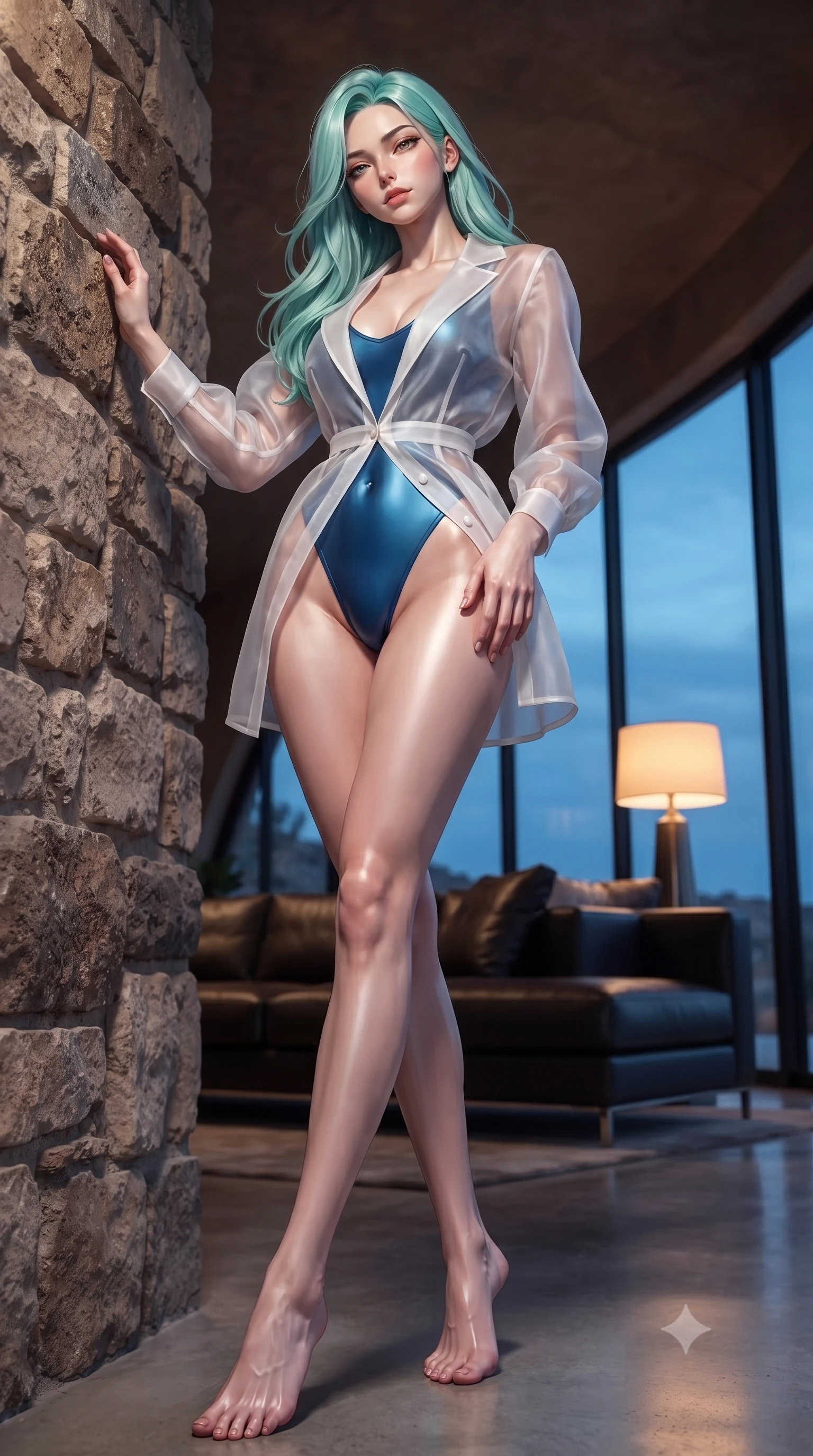 score_9, masterpiece, best quality, ultra-detailed, high-budget anime keyframe, editorial fashion photography, tasteful artistic composition, Japanese woman. low angle full-body shot from head to toe showing her feet, filling the entire 9:16 vertical frame with her statuesque presence, stretching her vertical silhouette. leaning back against a rustic stone wall, casting a slow, alluring gaze at the camera the background shows a soft-focus a modern desert dome lounge with leather sofas and large panoramic windows. She has an absolutely perfect, statuesque 8.5-heads proportion, an exceptionally tall and slender model-like female figure with impossibly long slender legs and an ultra-slim waist. sharp v-shaped jawline, high-bridge nose, intricate jewel-like eyes with depth, thick eyelashes, glossy lips with a natural sheen. wearing a tailored sheer white organza resort cover-up worn over a form-fitting one-piece swimsuit, showing her elegant clavicle lines. cool blue twilight sky glow contrasting with the warm amber glow of a bedside lamp. ultra-reflective glossy finish, specular highlights, metallic sheen, high-contrast stereoscopic depth, volumetric dynamic lighting, 2k, ultra detail, master piece, 9:16 ratio