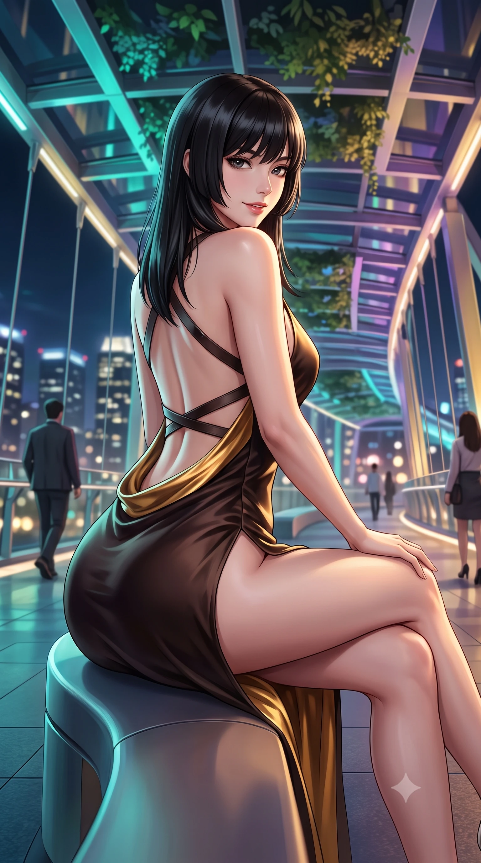 score_9, masterpiece, best quality, ultra-detailed, high-budget anime keyframe, semi-realistic 3D game render, editorial fashion photography, tasteful artistic composition, Caucasian woman. close-up cowboy shot from the waist and thighs up, the character dominates the composition, filling the frame with her large presence. turning over a bare shoulder with an intoxicating, teasing smile, her soft hair framing her sharp jawline as her hips angle gracefully while perching on the curved architectural skyway bench, long slender legs crossed and torso angled back to display her flat midriff and slender hourglass curves. The composition keeps background elements in soft focus with creamy bokeh. floating botanical canopy foliage and suspension cable lines softened in cinematic shallow depth of field. She has an exceptionally elegant, slender, and willowy female figure with an ultra-slim waist, flat toned midriff, narrow ribcage, and sculpted feminine hips creating an alluring, slim hourglass silhouette without bulk. sharp v-shaped jawline, high-bridge nose, intricate jewel-like eyes with depth, thick eyelashes, glossy parted lips with a natural sheen, intensely captivating and seductive bedroom-eyes expression, flawlessly proportioned anatomical accuracy, strict slender model proportions, natural body alignment, perfectly sculpted long slender limbs, ultra-slim waistline, clean dynamic posture without body distortion. wearing a backless cowl-neck satin slip dress featuring high-cut side hip slits and delicate criss-cross back straps in dark espresso brown and molten gold foil, made of fluid silk crepe with delicate inner corsetry boning, featuring an open-back criss-cross harness strap in dark leather, the dramatically scooped open back descending to the base of her spine, accentuating her razor-sharp statuesque lines and slim hourglass silhouette. bathed in dynamic color-shifting LED canopy lights from above and ambient city skyline uplights. highly saturated vibrant anime colors, detailed shading with soft gradients, rich glossy textures, high-contrast stereoscopic depth, volumetric dynamic lighting, master piece, 9:16 ratio