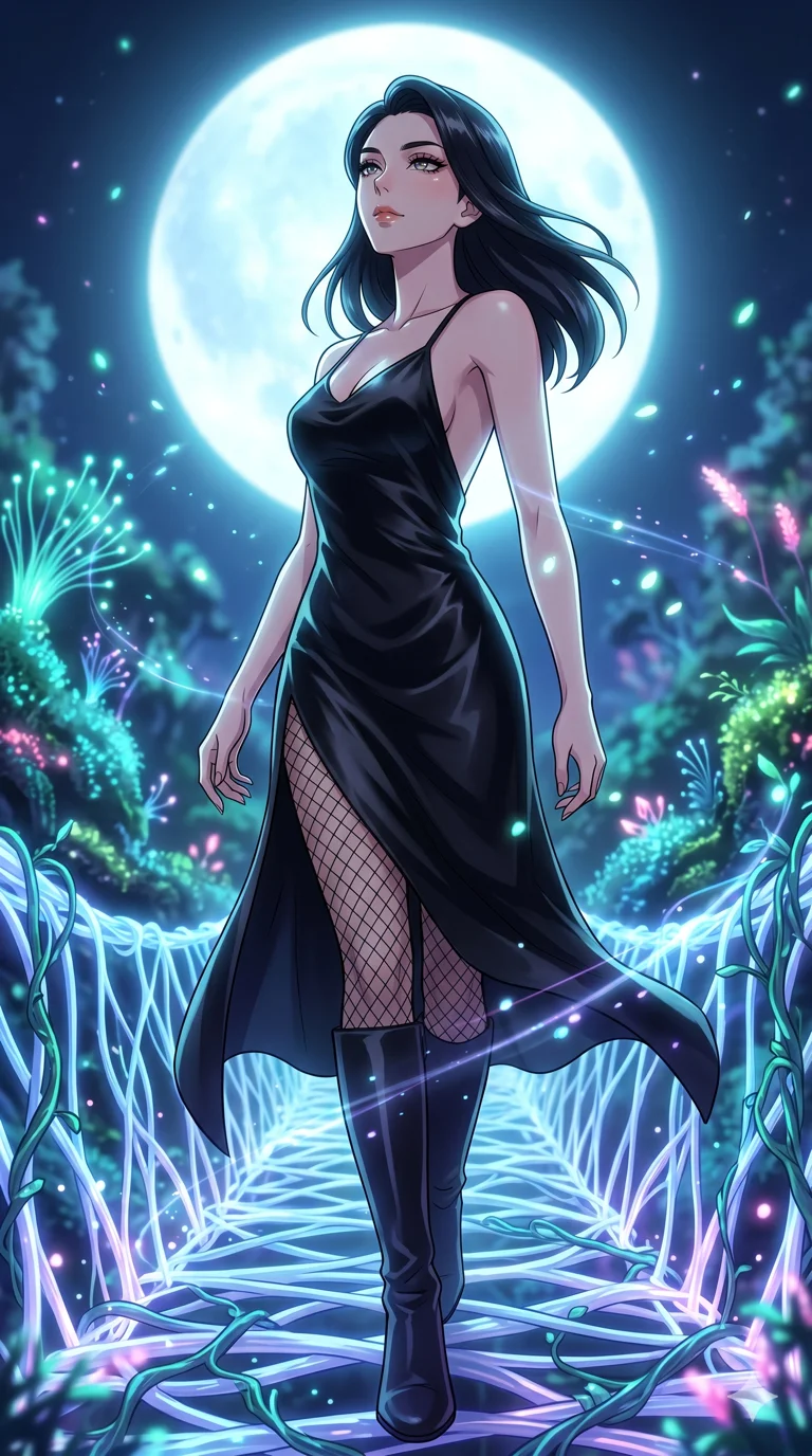 score_9, masterpiece, best quality, ultra-detailed, High-budget Anime Keyframe, vibrant colors, fluid line-art, expressive lighting, cinematic composition, Ufotable-style visual effects, top-tier animation quality, Japanese woman with delicate and elegant anime-inspired features. Low angle cowboy shot filling the entire 9:16 frame with her statuesque presence, looking up to emphasize her height. Walking across a bridge made of woven light and digital vines. She has an absolutely perfect 8-heads proportion, an exceptionally tall and slender female figure with impossibly long slender legs and an ultra-slim waist, her statuesque height and towering silhouette dominating the vertical 9:16 frame. Her face is a masterpiece featuring a sharp v-shaped jawline, high-bridge nose, intricate jewel-like eyes with depth, thick eyelashes, and glossy lips with a natural sheen. She is wearing a Backless silk slip dress with a dangerously high side slit and sensual fishnet stockings.. The scene is set in a mystical grove under a giant glowing moon that illuminates the fiber-optic flora. 2k, ultra detail, master piece, 9:16 ratio