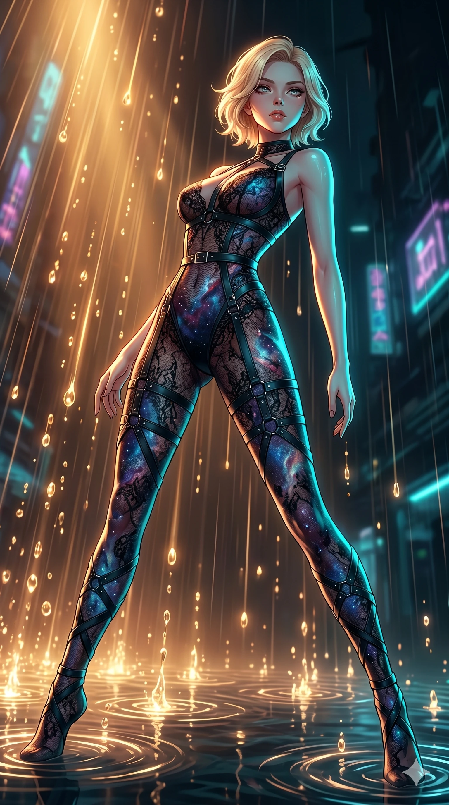 score_9, masterpiece, best quality, ultra-detailed, high-budget anime keyframe, Japanese woman. low angle full-body shot filling the entire 9:16 frame with her statuesque presence, stretching the vertical silhouette. dodging ethereal liquid gold rain that rises upward from the ground in warm shimmering droplets under an inverted gravity field. She has an absolutely perfect 8-heads proportion, an exceptionally tall and slender female figure with impossibly long slender legs and an ultra-slim waist. V-shaped jawline, high-bridge nose, intricate jewel-like eyes with depth, thick eyelashes, glossy lips with a natural sheen.. wearing a gothic nebula lace bodysuit, featuring a sheer black lace bodysuit with cosmic nebula patterns, reinforced by matte leather straps. showcasing a beautiful play of light and shadow, with warm golden rays clashing against cool cyan highlights. 2k, ultra detail, master piece, 9:16 ratio