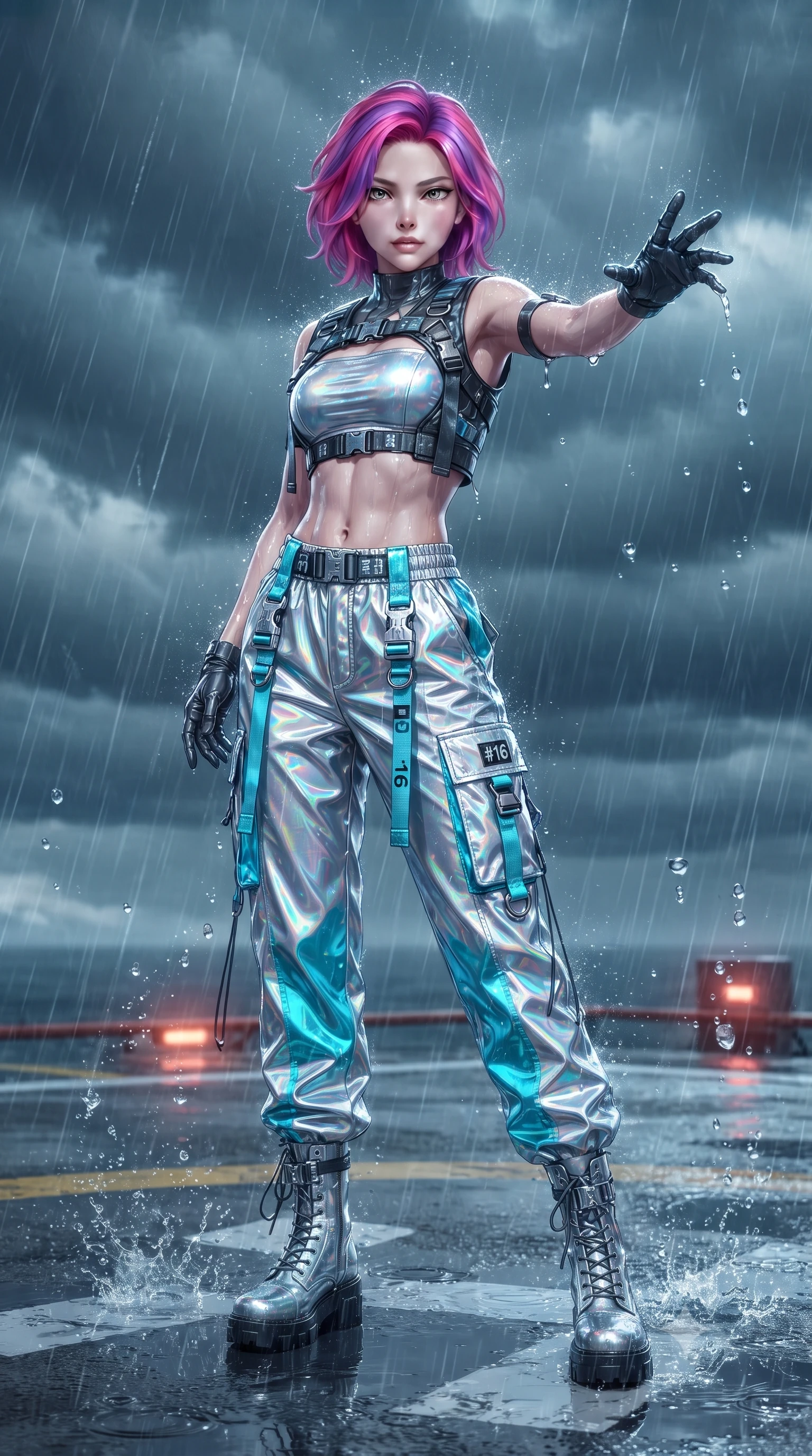 score_9, masterpiece, best quality, ultra-detailed, high-budget anime keyframe, editorial fashion photography, tasteful artistic composition, Caucasian woman. low angle full-body shot from head to toe showing her feet, filling the entire 9:16 vertical frame with her statuesque presence, stretching her vertical silhouette. standing poised with one hip cocked in an alluring high-fashion pose, her tall 8.5-heads proportions dominating the scene while pivoting dynamically as gale-force storm winds whip rain across the helipad markings, parrying an alarm sensor with poise. The surrounding environment is rendered in vivid detail and crisp panoramic clarity. sharp helipad marking paint textures, distinct water droplet splashes, and wet leather coat sheen in deep focus. She has an absolutely perfect, statuesque 8.5-heads proportion, an exceptionally tall and slender model-like female figure with impossibly long slender legs, a toned flat midriff, and an ultra-slim waist. sharp v-shaped jawline, high-bridge nose, intricate jewel-like eyes with depth, thick eyelashes, glossy lips with a natural sheen, captivating and magnetic expression, flawlessly proportioned anatomical accuracy, strict slender model proportions, natural body alignment, perfectly sculpted long slender limbs, ultra-slim waistline, clean dynamic posture without body distortion. wearing a futuristic cropped tech-harness vest worn over a silver reflective tube top and high-rise metallic parachute cargo pants in holographic silver and electric cyan, crafted from high-gloss metallic ripstop nylon and flexible carbon mesh, detailed with heavy-duty chrome quick-release buckles and D-ring straps edition #16, the breezy yet form-flattering drape swaying gracefully with her steps, accentuating her long willowy limbs and slim waistline. illuminated by wet specular highlights tracing her sculpted flat midriff, waistline, and long legs. ultra-reflective glossy finish, specular highlights, rich textural contrasts, high-contrast stereoscopic depth, volumetric dynamic lighting, 2k, ultra detail, master piece, 9:16 ratio