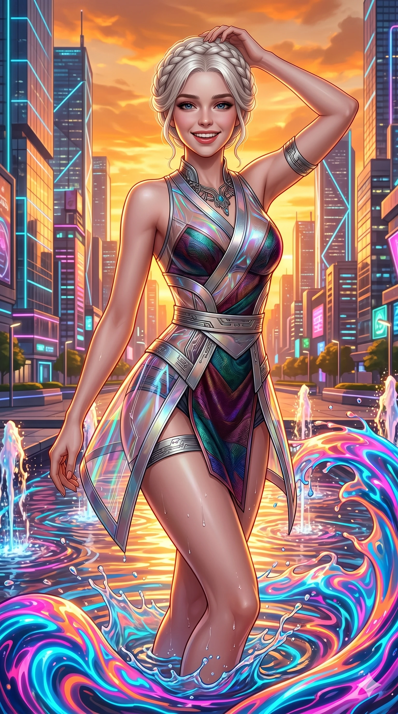 score_9, masterpiece, best quality, ultra-detailed, Set A: Photorealistic 8k CG, Japanese woman. Upper body close-up from the thighs up, character filling the screen for maximum presence. Standing in a fountain of colorful liquid in a futuristic plaza at sunset. She has an absolutely perfect 8-heads proportion, an exceptionally tall and slender female figure with an ultra-slim waist and playful pose. Sharp v-shaped jawline, high-bridge nose, intricate jewel-like eyes with depth, thick eyelashes, glossy lips. Wearing a Modern Traditional outfit: tech-hanbok with transparent panels and metallic straps. Background is a bright and colorful city plaza with vibrant pink and blue water and orange sky. 2k, ultra detail, master piece, 9:16 ratio