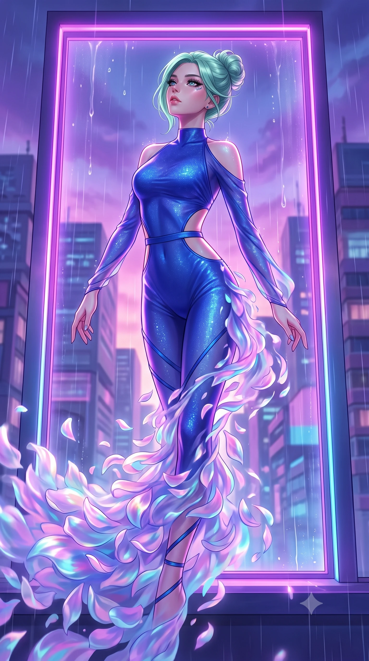 score_9, masterpiece, best quality, ultra-detailed, High-budget Anime Keyframe, East Asian woman. Dynamic full-body shot stretching the vertical silhouette to the limit. Scenario 420: dissolving into a cloud of iridescent silk petals inside a glowing neon window at twilight with soft rain falling. Her presence is magnetic and overpowering in this high-budget anime scene. Outfit 420: a slim-fit cobalt blue shimmering chiffon catsuit with strategic waist cut-outs and slender leg straps. The clothing is designed to emphasize her exceptionally tall and slender 8-heads proportion. 8-heads proportion, towering silhouette, ultra-slim waist. sharp v-shaped jawline, intricate jewel-like eyes with depth, thick eyelashes, glossy lips. 2k, ultra detail, master piece, 9:16 ratio