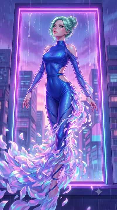 score_9, masterpiece, best quality, ultra-detailed, High-budget Anime Keyframe, East Asian woman. Dynamic full-body shot stretching the vertical silhouette to the limit. Scenario 420: dissolving into a cloud of iridescent silk petals inside a glowing