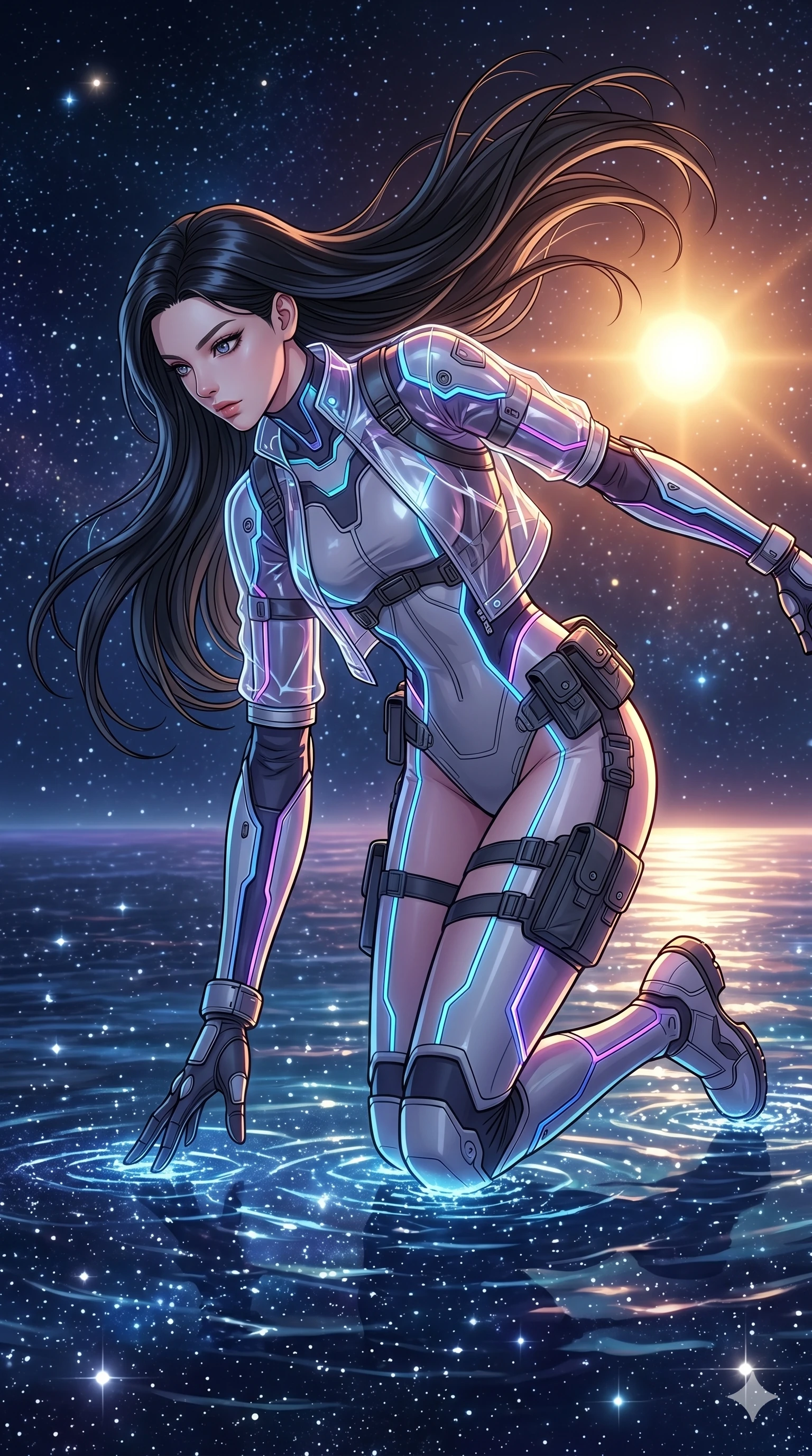 score_9, masterpiece, best quality, ultra-detailed, high-budget anime movie keyframe, cinematic anime lighting, intricate line art, Caucasian (strictly human ears) anime girl. Mid-air action shot capturing a graceful twist and vertical silhouette. kneeling at the edge of a sea of stars, touching the surface. She has an absolutely perfect 8-heads proportion, an exceptionally tall and slender female figure with an ultra-slim waist and impossibly long slender legs. strictly human anatomy, two legs only, no extra limbs, clearly defined legs and arms, perfect anatomy, perfect hands and fingers. sharp v-shaped jawline, high-bridge nose, intricate jewel-like eyes, thick eyelashes, glossy lips. Wearing Tech-Fantasy: Cybernetic tech-suit with glowing seams, translucent PVC over leotard, and modular tactical gear. The scene is illuminated by dramatic atmospheric lighting and vibrant color palettes. , 2k, ultra detail, master piece, 9:16 ratio