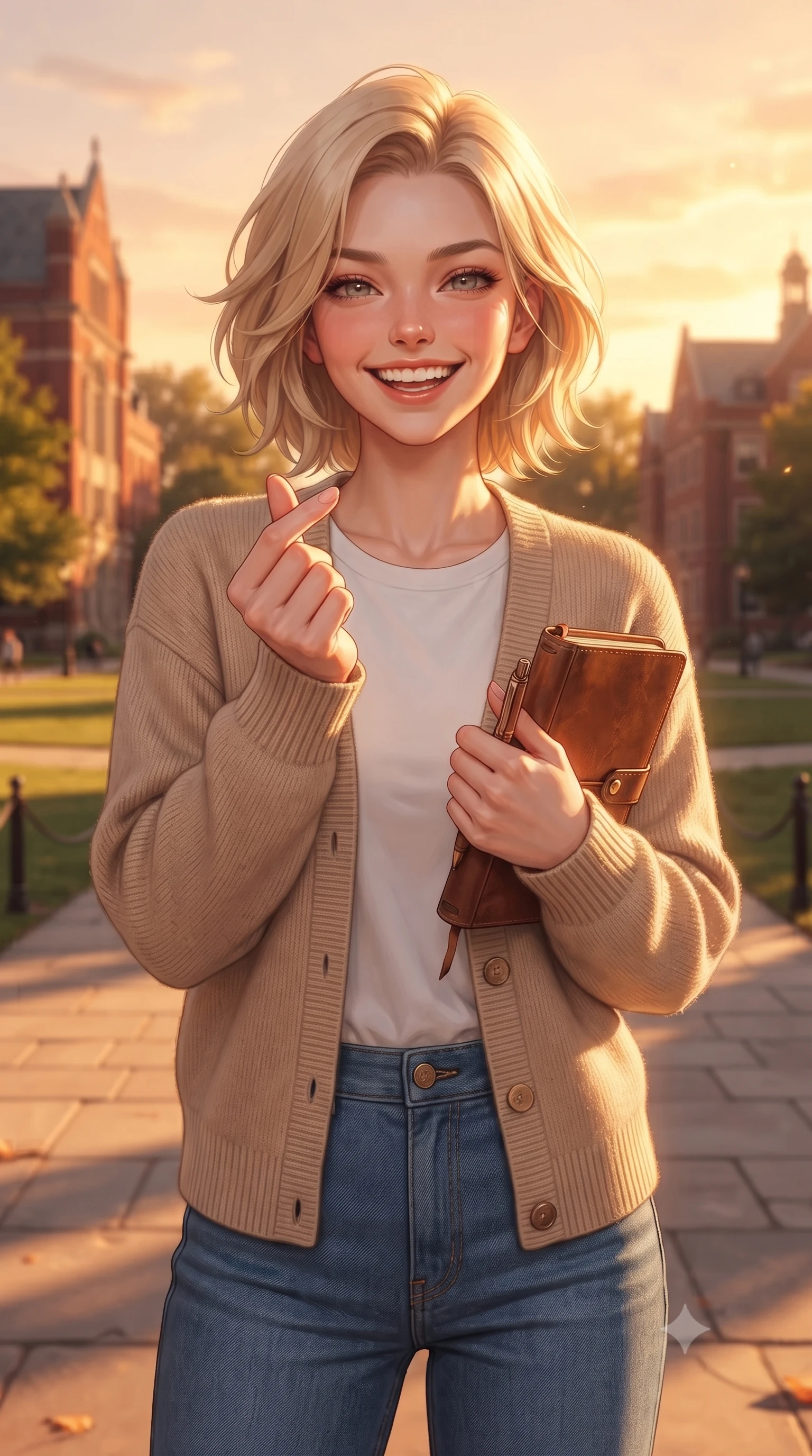 score_9, masterpiece, best quality, ultra-detailed, high-budget anime keyframe, editorial fashion photography, tasteful artistic composition, Caucasian woman. close-up cowboy shot from the waist and thighs up, the character dominates the composition, filling the frame with her large presence, background elements kept in soft focus. flashing a bright, sunny grin, holding her fingers in a cute small heart shape set against a soft-focus background of on a sun-drenched university campus quad surrounded by historic red-brick lecture halls holding a leather-bound journal and a matching pen. She has an exceptionally elegant, slender, and willowy female figure with an ultra-slim waist, a gracefully sculpted slender torso, and a refined silhouette. sharp v-shaped jawline, high-bridge nose, intricate jewel-like eyes with depth, thick eyelashes, glossy lips with a natural sheen. wearing tailored cozy knit cardigan in beige, layered over a casual white tee and tailored blue denim pants. golden hour sunset light casting a peaceful, cozy orange wash across the lawns. ultra-reflective glossy finish, specular highlights, metallic sheen, high-contrast stereoscopic depth, volumetric dynamic lighting, 2k, ultra detail, master piece, 9:16 ratio