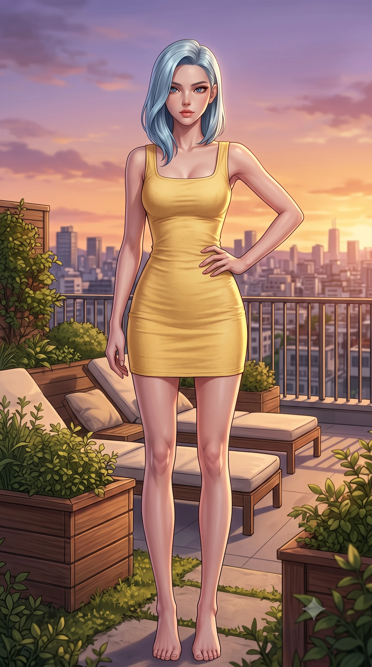 score_9, masterpiece, best quality, ultra-detailed, high-budget anime keyframe, editorial fashion photography, tasteful artistic composition, Korean woman woman. low angle full-body shot from head to toe showing her feet, filling the entire 9:16 vertical frame with her statuesque presence, stretching her vertical silhouette. posing confidently with one hand on her hip, stretching her statuesque body to emphasize her curves the background shows a soft-focus a rooftop terrace filled with wooden planters, comfortable lounge chairs, and city views. She has an absolutely perfect, statuesque 8.5-heads proportion, an exceptionally tall and slender model-like female figure with impossibly long slender legs and an ultra-slim waist. sharp v-shaped jawline, high-bridge nose, intricate jewel-like eyes with depth, thick eyelashes, glossy lips with a natural sheen. wearing a body-hugging casual summer dress in soft yellow cotton with a simple square neckline. warm golden sunset light painting the urban sky in orange and violet. 2k, ultra detail, master piece, 9:16 ratio