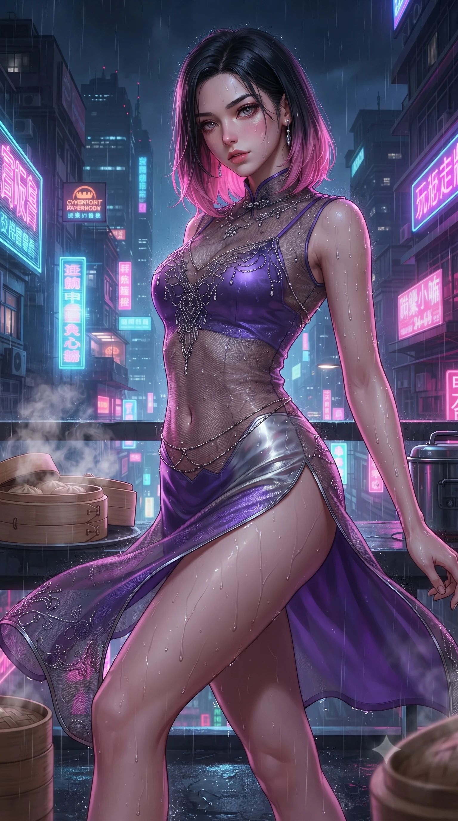 score_9, masterpiece, best quality, ultra-detailed, high-budget anime keyframe, editorial fashion photography, tasteful artistic composition, Korean woman. close-up cowboy shot from the waist and thighs up, the character dominates the composition, filling the frame with her large presence. leaning back with relaxed seductive grace, her sculpted collarbones and narrow waist highlighted as she casts smoldering bedroom-eyes directly into the camera while striding across the neon-drenched rooftop deck as steam curls from dim sum bamboo steamers, her high-slit dress fluttering to reveal her long slender legs. The surrounding environment is rendered in vivid detail and crisp panoramic clarity. detailed embroidered silk qipao fabric sheen, raindrops on skin, and cyberpunk cityscape in high clarity. She has an exceptionally elegant, slender, and willowy female figure with an ultra-slim waist, a gracefully sculpted slender torso, toned flat midriff, and rounded feminine hips creating an alluring hourglass silhouette. sharp v-shaped jawline, high-bridge nose, intricate jewel-like eyes with depth, thick eyelashes, glossy parted lips with a natural sheen, intensely captivating and seductive bedroom-eyes expression, flawlessly proportioned anatomical accuracy, strict slender model proportions, natural body alignment, perfectly sculpted long slender limbs, ultra-slim waistline, clean dynamic posture without body distortion. wearing a sheer vintage mesh cheongsam adorned with intricate beadwork over an opaque silk slip in toxic ultraviolet purple and chrome silver, tailored from smooth liquid silk satin with subtle dragon jacquard, complemented by a delicate metallic hip chain catching the neon rain caustics, the liquid-tight tailored fabric clinging flawlessly to her narrow waist and rounded feminine hips, emphasizing every millimeter of her sculpted hourglass curves during movement. illuminated by wet specular asphalt bounce lights sharply sculpting her narrow waist and rounded hips. ultra-reflective glossy finish, specular highlights, rich textural contrasts, high-contrast stereoscopic depth, volumetric dynamic lighting, 2k, ultra detail, master piece, 9:16 ratio