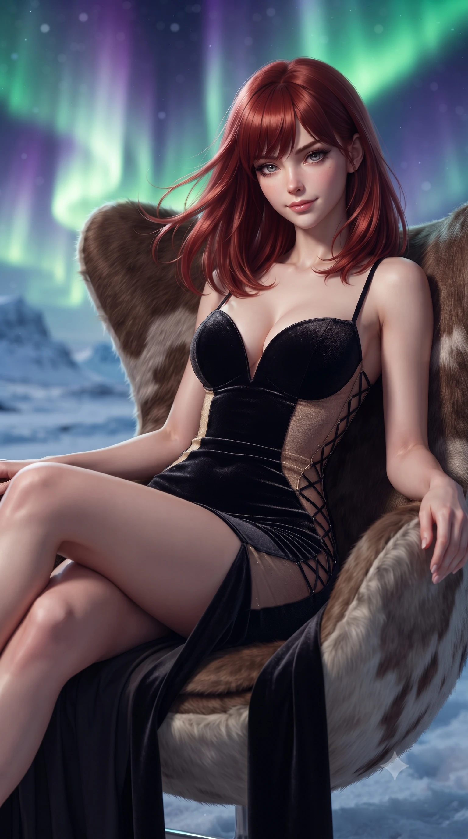 score_9, masterpiece, best quality, ultra-detailed, high-budget anime keyframe, editorial fashion photography, tasteful artistic composition, Caucasian woman. close-up cowboy shot from the waist and thighs up, the character dominates the composition, filling the frame with her large presence. turning slowly with an enchanting smoldering smile, her glossy hair tossing in the breeze as her hips angle gracefully in a captivating contrapposto while lounging in the reindeer-hide lined egg chair with one leg draped over the armrest, projecting magnetic sovereign confidence and sensual allure. The background shows a soft-focus monumental multi-tiered aurora borealis corona shimmering across the polar sky, vast tundra snowfields, and distant icy peaks blurred into violet, lime, and obsidian bokeh. She has an exceptionally elegant, slender, and willowy female figure with an ultra-slim waist, flat toned midriff, narrow ribcage, and sculpted feminine hips creating an alluring, slim hourglass silhouette without bulk. sharp v-shaped jawline, high-bridge nose, sparkling eyes with hypnotic seductive depth, thick curled eyelashes, glossy parted lips with a natural dewy peach sheen, alluring bedroom-eyes with an enchanting coquettish smile, exuding magnetic siren charisma and sophisticated glamour, flawlessly proportioned anatomical accuracy, strict slender model proportions, natural body alignment, perfectly sculpted long slender limbs, ultra-slim waistline, clean dynamic posture without body distortion. wearing a deep sweetheart-neckline velvet bodycon dress with sheer side-torso cutouts accentuating her hourglass curves in midnight obsidian black and liquid champagne gold, made of semi-opaque stretch illusion mesh with soft shadowy contours, featuring fine criss-cross lace-up side ties revealing tantalizing glimpses of her hip curve, the glove-like clinging cut tightly following the natural contour of her hips and long slender legs with youthful 8.5-heads elegance. bathed in the dynamic shifting glow of the aurora borealis illuminating the night sky with vibrant green and violet hues. ultra-reflective glossy finish, specular highlights, rich textural contrasts, high-contrast stereoscopic depth, volumetric dynamic lighting, 2k, ultra detail, master piece, 9:16 ratio