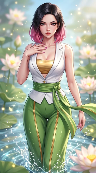 score_9, masterpiece, best quality, ultra-detailed, high-budget anime keyframe, semi-realistic 3D game render, editorial fashion photography, tasteful artistic composition, Korean woman. close-up cowboy shot from the waist and thighs up, the characte