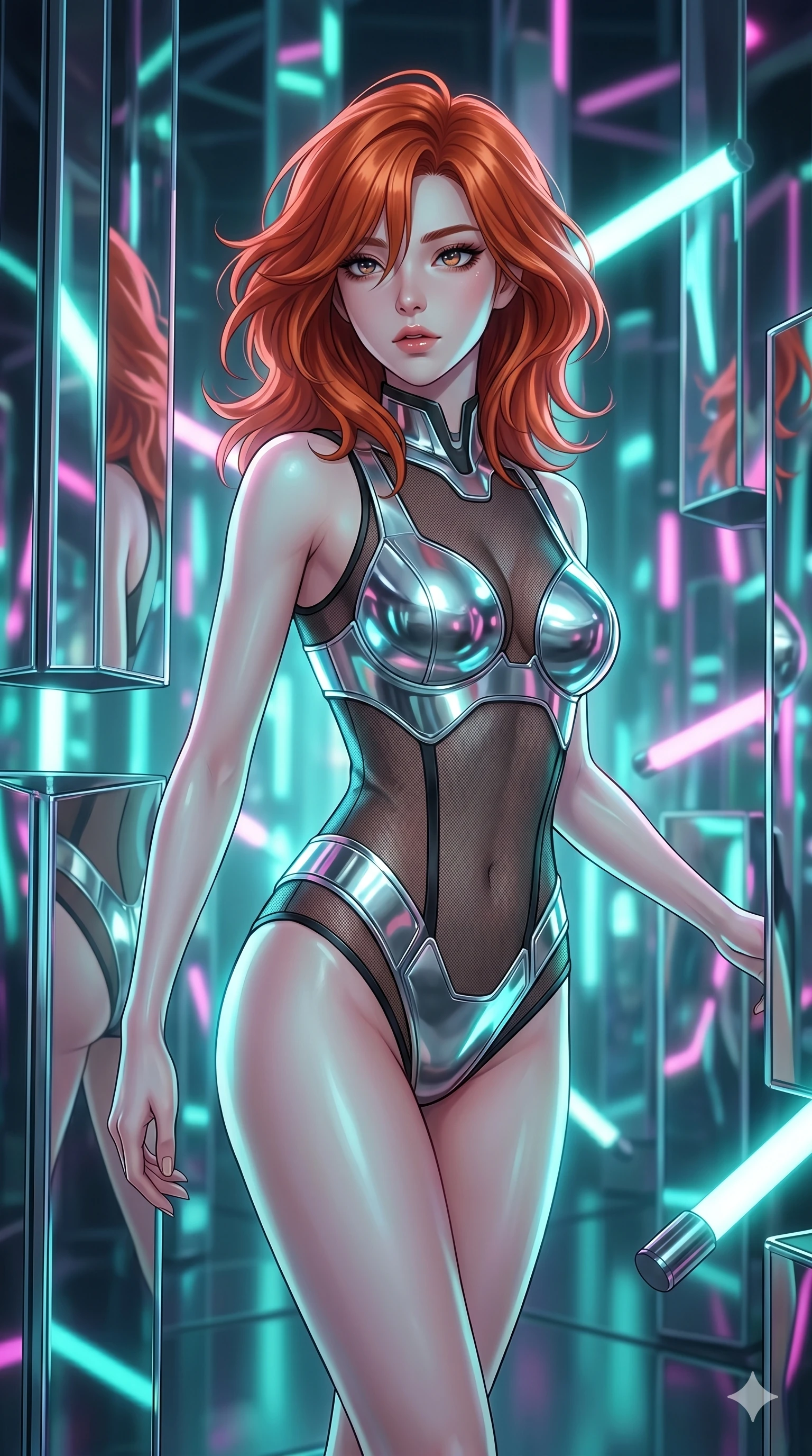 score_9, masterpiece, best quality, ultra-detailed, high-budget anime keyframe, Korean woman. upper body close-up from the thighs up, character filling the screen for maximum presence. navigating a kinetic light-sculpture mirror maze, passing between floating chromium mirror pillars and rotating LED sticks. She has an absolutely perfect 8-heads proportion, an exceptionally tall and slender female figure with impossibly long slender legs and an ultra-slim waist. V-shaped jawline, high-bridge nose, intricate jewel-like eyes with depth, thick eyelashes, glossy lips with a natural sheen.. wearing a bionic chrome plate bodysuit, featuring silver chrome plates covering the bust and hips, connected by sheer black mesh panels. lit by a soft glowing ambient light and a sharp side key light that traces the sleek contours of her athletic build. 2k, ultra detail, master piece, 9:16 ratio