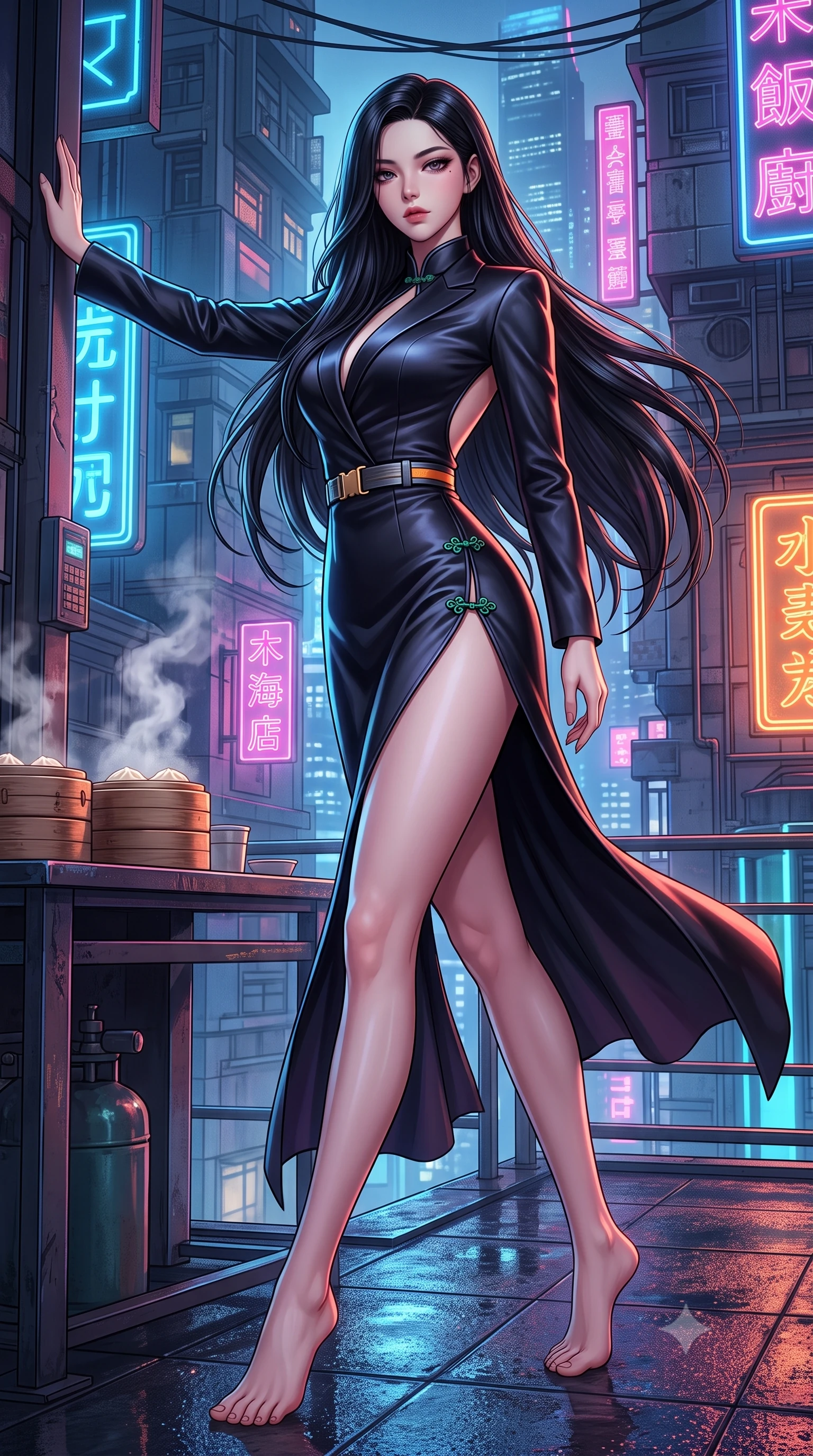 score_9, masterpiece, best quality, ultra-detailed, high-budget anime keyframe, semi-realistic 3D game render, editorial fashion photography, tasteful artistic composition, Korean woman. low angle full-body shot from head to toe showing her feet, filling the entire 9:16 vertical frame with her statuesque presence, stretching her vertical silhouette. leaning deep against the structural architecture with hips cocked in an unapologetically bold, seductive high-fashion stance while striding across the neon-drenched rooftop deck as steam curls from dim sum bamboo steamers, her high-slit dress fluttering to reveal her long slender legs. The surrounding environment is rendered in vivid detail and crisp panoramic clarity. intense Wong Kar-wai inspired neo-noir chiaroscuro and atmospheric cyberpunk metropolis aesthetics in precision. She has an absolutely perfect, statuesque 8.5-heads proportion, an exceptionally tall and slender model-like female figure with impossibly long slender legs, a toned flat midriff, an ultra-slim waist, and beautifully sculpted feminine hips. sharp v-shaped jawline, high-bridge nose, intricate jewel-like eyes with depth, thick eyelashes, glossy parted lips with a natural sheen, intensely captivating and seductive bedroom-eyes expression, flawlessly proportioned anatomical accuracy, strict slender model proportions, natural body alignment, perfectly sculpted long slender limbs, ultra-slim waistline, clean dynamic posture without body distortion. wearing a tailored satin tuxedo jacket dress with mandarin lapels and a slim gold-buckle belt in metallic gunmetal and laser orange, crafted from flexible reflective spandex and tactical webbing, finished with an ultra-high side slit secured by miniature jade frog closures, the precision-cut side openings and low-back scoop framing her graceful spine and the sensual sweep of her hips. illuminated by wet specular asphalt bounce lights sharply sculpting her narrow waist and rounded hips. highly saturated vibrant anime colors, detailed shading with soft gradients, rich glossy textures, high-contrast stereoscopic depth, volumetric dynamic lighting, master piece, 9:16 ratio