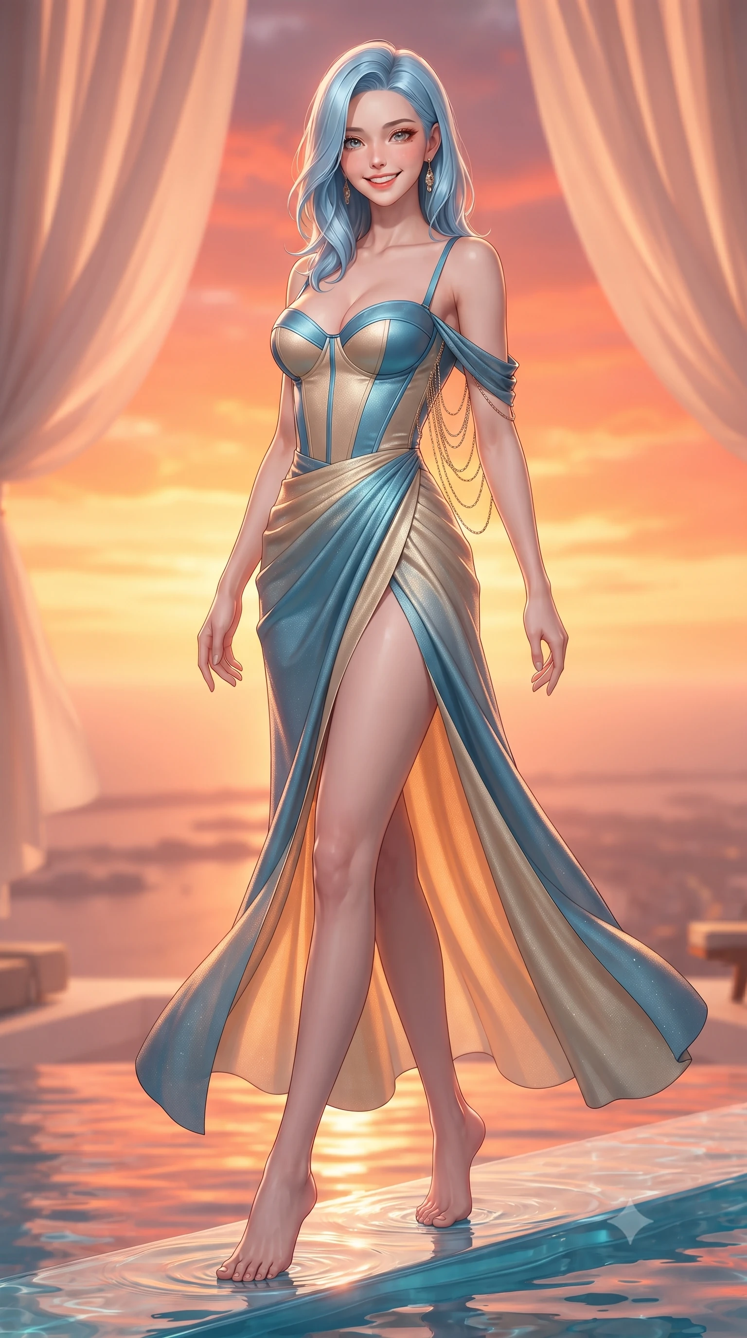 score_9, masterpiece, best quality, ultra-detailed, high-budget anime keyframe, editorial fashion photography, tasteful artistic composition, Korean woman. low angle full-body shot from head to toe showing her feet, filling the entire 9:16 vertical frame with her statuesque presence, stretching her vertical silhouette. stepping slowly toward the camera with hypnotic grace, hips swaying in an alluring sensual rhythm that accentuates her curvy hourglass silhouette and long slender legs while standing poised on the submerged acrylic tanning ledge 300 meters above the Arabian Gulf, arching her spine with breathtaking siren elegance. The background shows a soft-focus floating silk pool cabana drapery softened in ultra-luxury futuristic aerial shallow focus. She has an exceptionally tall and slender model-like 8.5-heads proportion, an ultra-slim waist, a flat toned midriff, narrow delicate ribcage, and beautifully sculpted feminine hips creating a graceful, slim hourglass silhouette without any bulky heaviness, with impossibly long slender legs. sharp v-shaped jawline, high-bridge nose, intricate jewel-like sparkling eyes with depth, thick eyelashes, glossy parted lips with a natural peach sheen, bright cheerful beaming smile with an enchanting and coquettish sensual glint, exuding both youthful cute charm and seductive allure, flawlessly proportioned anatomical accuracy, strict slender model proportions, natural body alignment, perfectly sculpted long slender limbs, ultra-slim waistline, clean dynamic posture without body distortion. wearing a structured satin corset bustier paired with a draped high-slit wrap chiffon maxi skirt revealing her long slender legs in Monaco Mediterranean azure blue and champagne gold, woven from stretch shimmer crepe adhering with glove-like precision, accented with an open-back drape framed by falling strands of delicate gold chains, the form-contouring silhouette accentuating her sculpted flat midriff, narrow delicate ribcage, and gracefully curvy hips with intoxicating allure. bathed in the blinding, saturated scarlet and orange sunset radiance of the Arabian desert sky. ultra-reflective glossy finish, specular highlights, rich textural contrasts, high-contrast stereoscopic depth, volumetric dynamic lighting, 2k, ultra detail, master piece, 9:16 ratio