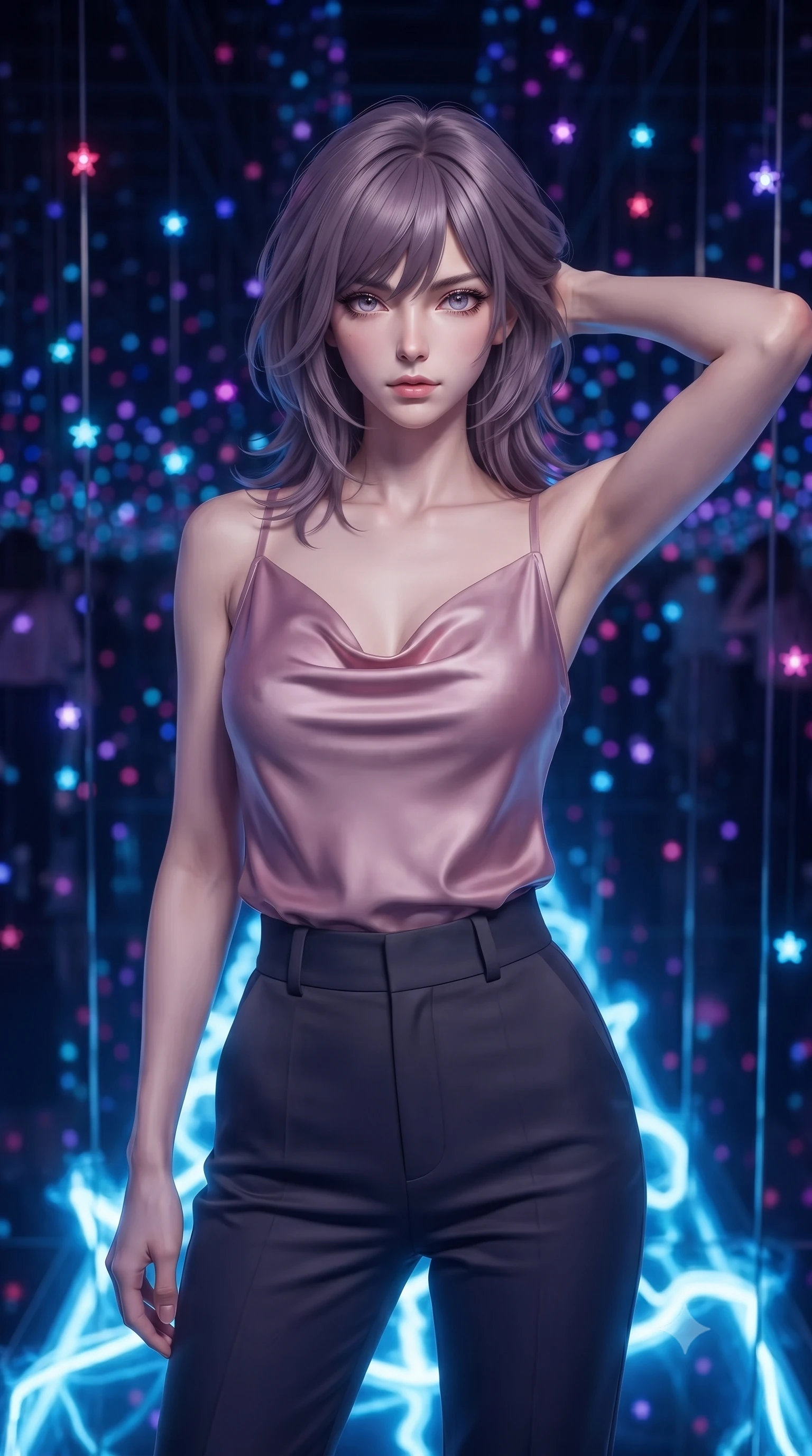 score_9, masterpiece, best quality, ultra-detailed, high-budget anime keyframe, editorial fashion photography, tasteful artistic composition, Japanese woman. close-up cowboy shot from the waist and thighs up, the character dominates the composition, filling the frame with her large presence, background elements kept in soft focus. Placing one hand behind her head with confident body language and a direct stare. set against a soft-focus background of inside an art installation of floor-to-ceiling mirrors on all six surfaces with thousands of LED points suspended at different depths creating the illusion of floating in an infinite field of colored stars. She has an exceptionally elegant and slender, willowy female figure with an ultra-slim waist, a gracefully sculpted slender torso, and a refined slim physique. sharp v-shaped jawline, high-bridge nose, intricate jewel-like eyes with depth, thick eyelashes, glossy lips with a natural sheen. wearing a draped cowl-neck top in dusty pink satin, paired with high-waisted tailored trousers in deep charcoal. pulsing electric blue plasma arc lighting rising dramatically from below. 2k, ultra detail, master piece, 9:16 ratio