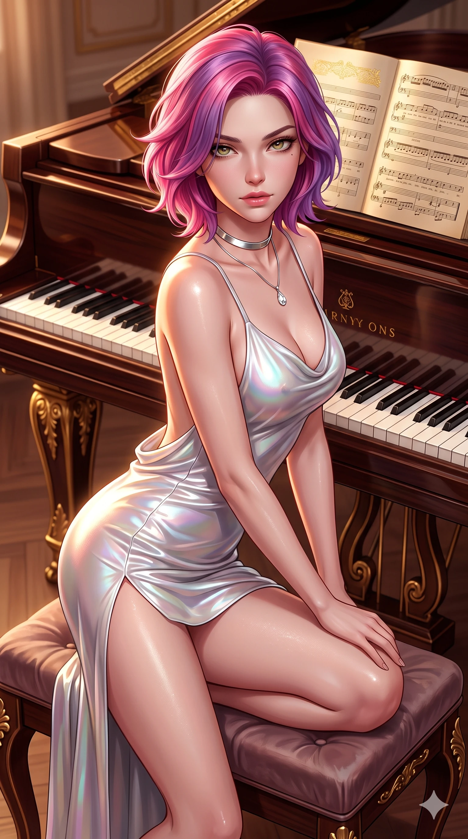 score_9, masterpiece, best quality, ultra-detailed, high-budget anime keyframe, semi-realistic 3D game render, editorial fashion photography, tasteful artistic composition, Caucasian woman. close-up cowboy shot from the waist and thighs up, the character dominates the composition, filling the frame with her large presence. leaning forward while arching her lower back to accentuate her curvy hips, looking into the camera with an intoxicating smoldering gaze and bedroom-eyes while perched sideways on the velvet-upholstered music bench, one knee drawn up to showcase her slender leg line while her arched back accentuates her feminine hip curve. The surrounding environment is rendered in vivid detail and crisp panoramic clarity: sharp ivory and ebony keyboard keys, gilded leg carvings, and crisp gold-leaf music score engravings in deep focus. She has an exceptionally elegant, slender, and willowy female figure with an ultra-slim waist, flat toned midriff, narrow ribcage, and sculpted feminine hips creating an alluring, slim hourglass silhouette without bulk. sharp v-shaped jawline, high-bridge nose, intricate jewel-like sparkling eyes with depth, thick eyelashes, glossy parted lips with a natural sheen, intensely captivating and seductive bedroom-eyes expression, exuding both youthful cute charm and sovereign luxury allure, flawlessly proportioned anatomical accuracy, strict slender model proportions, natural body alignment, perfectly sculpted long slender limbs, ultra-slim waistline, clean dynamic posture without body distortion. wearing a form-contouring gossamer silk chiffon slip dress with a hip-high slit and open cowl back clinging with dewy moisture in iridescent mother-of-pearl and liquid molten silver, crafted from bespoke double-faced cashmere with an exceptionally soft tactile finish, finished with a minimalist chrome choker and a single teardrop diamond pendant, the form-contouring cut accentuating her sculpted flat midriff, narrow delicate ribcage, and gracefully curvy hips with intoxicating allure. illuminated by polished rosewood bounce and sharp amber-gold rim lights sculpting her razor-sharp jawline, narrow waist, and curvy hips. highly saturated vibrant anime colors, detailed shading with soft gradients, rich glossy textures, high-contrast stereoscopic depth, volumetric dynamic lighting, master piece, 9:16 ratio