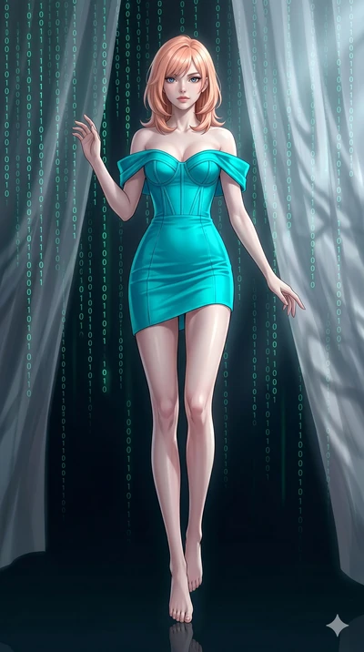 score_9, masterpiece, best quality, ultra-detailed, high-budget anime keyframe, editorial fashion photography, tasteful artistic composition, Japanese woman. low angle full-body shot from head to toe showing her feet, filling the entire 9:16 vertical