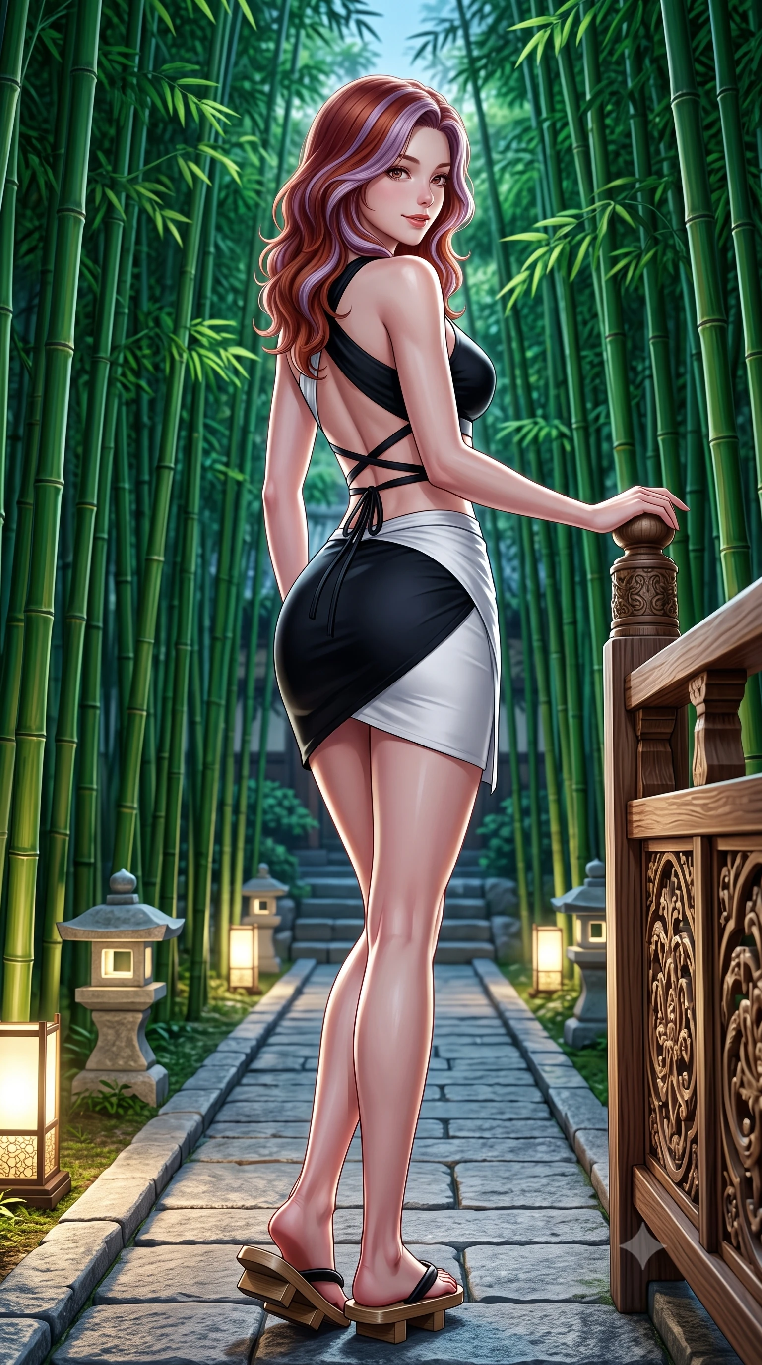 score_9, masterpiece, best quality, ultra-detailed, high-budget anime keyframe, semi-realistic 3D game render, editorial fashion photography, tasteful artistic composition, Caucasian woman. low angle full-body shot from head to toe showing her feet, filling the entire 9:16 vertical frame with her statuesque presence, stretching her vertical silhouette. standing in a tall, confident posture with one hand on the carved palace railing, stretching her statuesque body as she arches her lower back to emphasize her sculpted feminine hips and slender waist while walking slowly down the stone pathway flanked by towering emerald bamboo stalks, looking back over her shoulder with an air of effortless oriental grace. The surrounding environment is rendered in vivid detail and crisp panoramic clarity: detailed silk kimono weave, lantern specular glints on hair, and traditional Japanese garden craftsmanship in high resolution. She has an absolutely perfect, statuesque 8.5-heads proportion, an exceptionally tall and slender model-like female figure with impossibly long slender legs, an ultra-slim waist, a flat toned midriff, narrow delicate ribcage, and beautifully sculpted feminine hips creating a graceful, slim hourglass silhouette without any bulky heaviness. sharp v-shaped jawline, high-bridge nose, intricate jewel-like dark sparkling almond eyes with depth, thick lashes, glossy parted lips with a natural rose-plum sheen, bright alluring and coquettish smile with bedroom-eyes, exuding both timeless oriental elegance and sovereign high-fashion allure, flawlessly proportioned anatomical accuracy, strict slender model proportions, natural body alignment, perfectly sculpted long slender limbs, ultra-slim waistline, clean dynamic posture without body distortion. wearing a sleek two-piece set featuring an asymmetric cross-over crop top and a wrap-around micro skirt tracing her hips in stark monochrome black and white ink contrast, made of supple second-skin stretch silk jersey clinging flawlessly to her form, finished with criss-cross back satin laces tracing her slender spine, the form-fitting tailored bodice adhering flawlessly to her sculpted flat midriff and slender torso, emphasizing her long leg lines and perfectly proportioned willowy build. illuminated by ground stone lantern bounce and sharp silver rim lights carving her sculpted collarbones, ultra-slim waist, and curvy hips. highly saturated vibrant anime colors, detailed shading with soft gradients, rich glossy textures, high-contrast stereoscopic depth, volumetric dynamic lighting, master piece, 9:16 ratio