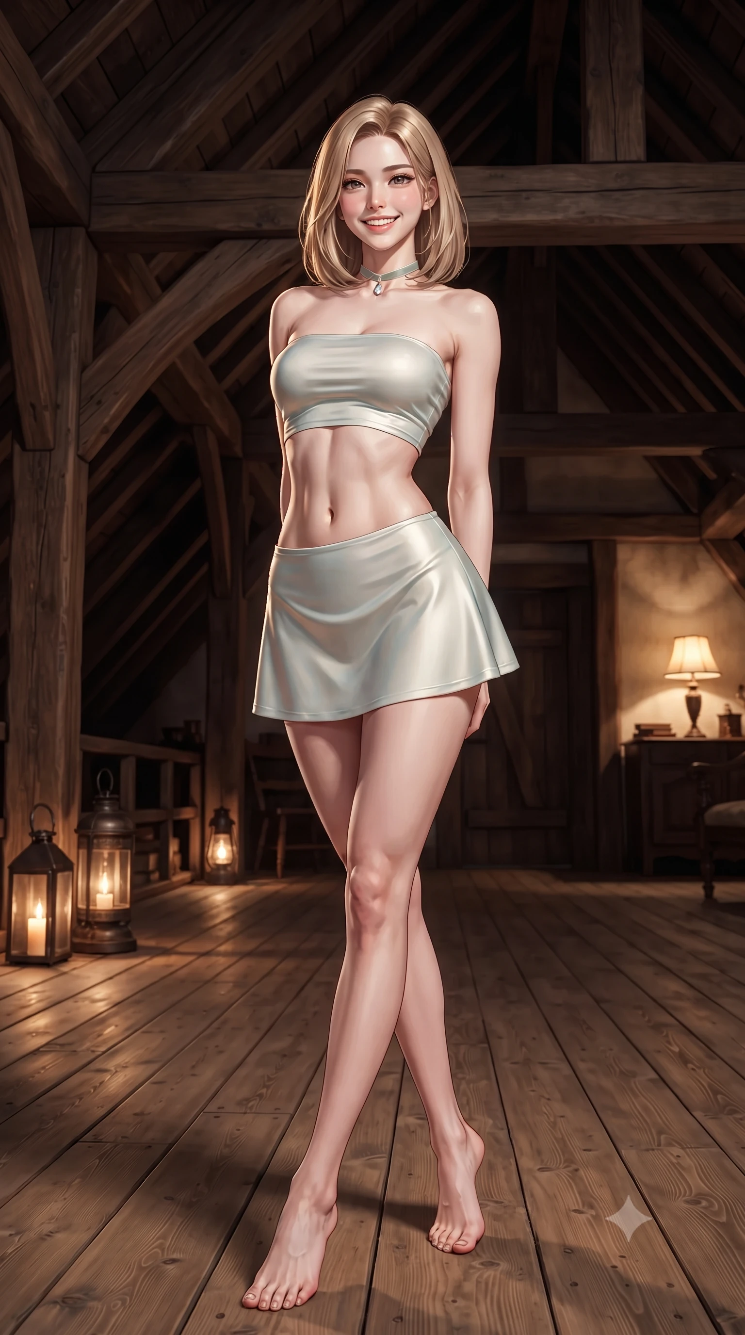 score_9, masterpiece, best quality, ultra-detailed, high-budget anime keyframe, editorial fashion photography, tasteful artistic composition, Korean woman. low angle full-body shot from head to toe showing her feet, filling the entire 9:16 vertical frame with her statuesque presence, stretching her vertical silhouette. lounging on the lavish daybed with legs crossed and hips angled toward the camera, displaying her toned midriff and long slender limbs with effortless siren poise while standing poised on the wide-plank oak floor beneath centuries-old exposed ship-timber roof trusses, arching her back with siren allure as evening lantern light flickers. The background shows a soft-focus warm studio lamp glow softened in historic Impressionist port shallow focus. She has an exceptionally tall and slender model-like 8.5-heads proportion, an ultra-slim waist, a flat toned midriff, narrow delicate ribcage, and beautifully sculpted feminine hips creating a graceful, slim hourglass silhouette without any bulky heaviness, with impossibly long slender legs. sharp v-shaped jawline, high-bridge nose, intricate jewel-like sparkling eyes with depth, thick eyelashes, glossy parted lips with a natural peach sheen, bright cheerful beaming smile with an enchanting and coquettish sensual glint, exuding both youthful cute charm and seductive allure, flawlessly proportioned anatomical accuracy, strict slender model proportions, natural body alignment, perfectly sculpted long slender limbs, ultra-slim waistline, clean dynamic posture without body distortion. wearing an ultra-cropped fitted bandeau top paired with a micro mini tennis skirt revealing her flat toned midriff in Deauville Belle Époque champagne luster and seafoam pearl, made of fluid liquid jersey with seamless sculpting hold and smooth contours, finished with a thin velvet ribbon choker and a single teardrop diamond pendant, the impeccably tailored cut draping gracefully along her slender figure with aristocratic poise. illuminated by oak floor bounce and sharp honey-gold rim lights defining her razor-sharp jawline, narrow waist, and curvy hips. ultra-reflective glossy finish, specular highlights, rich textural contrasts, high-contrast stereoscopic depth, volumetric dynamic lighting, 2k, ultra detail, master piece, 9:16 ratio