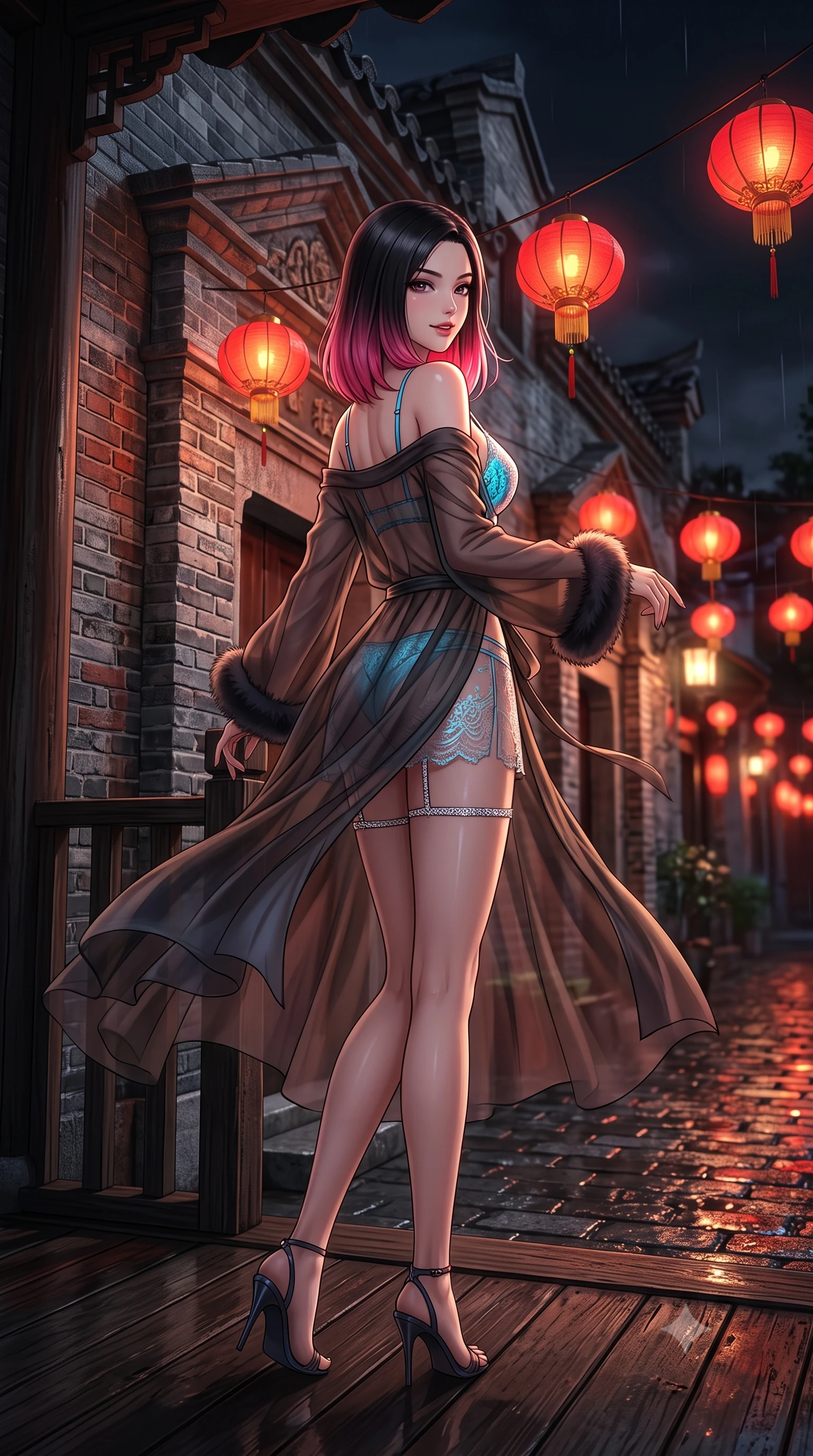 score_9, masterpiece, best quality, ultra-detailed, high-budget anime keyframe, semi-realistic 3D game render, editorial fashion photography, tasteful artistic composition, Korean woman. low angle full-body shot from head to toe showing her feet, filling the entire 9:16 vertical frame with her statuesque presence, stretching her vertical silhouette. executing a slow, graceful pivot turn as her skirt sways around her slender legs, glancing back with an enchanting, teasing sensual expression while standing poised on the dark timber veranda of the restored Shikumen villa, arching her lower back as crimson silk lanterns flutter in the nocturnal breeze. The background shows a soft-focus red silk lanterns casting crimson glows on historic grey and red brickwork, wet cobblestone reflections, and dark tiled eaves blurred into vermilion, amber, and charcoal bokeh. She has an exceptionally tall and slender model-like 8.5-heads proportion, an ultra-slim waist, a flat toned midriff, narrow delicate ribcage, and beautifully sculpted feminine hips creating a graceful, slim hourglass silhouette without any bulky heaviness, with impossibly long slender legs. sharp v-shaped jawline, high-bridge nose, intricate jewel-like sparkling eyes with depth, thick eyelashes, glossy parted lips with a natural peach sheen, bright cheerful beaming smile with an enchanting and coquettish sensual glint, exuding both youthful cute charm and seductive allure, flawlessly proportioned anatomical accuracy, strict slender model proportions, natural body alignment, perfectly sculpted long slender limbs, ultra-slim waistline, clean dynamic posture without body distortion. wearing a delicate translucent cashmere-gauze boudoir robe with faux-fur trimmed cuffs slipping off bare shoulders over a strappy lace bralette in Neo-Carthage holographic cyan and solar chrome, made of delicate semi-sheer French Chantilly lace with intricate eyelash edges, finished with delicate crystal-encrusted thigh garter straps glinting in the dim light, the liquid-tight tailored fabric clinging flawlessly to her narrow waist and rounded feminine hips, emphasizing every millimeter of her sculpted slim hourglass curves without any bulky heaviness. bathed in the romantic red-and-gold 2200K glow of hanging silk lanterns contrasted with deep midnight rain ambient. highly saturated vibrant anime colors, detailed shading with soft gradients, rich glossy textures, high-contrast stereoscopic depth, volumetric dynamic lighting, master piece, 9:16 ratio