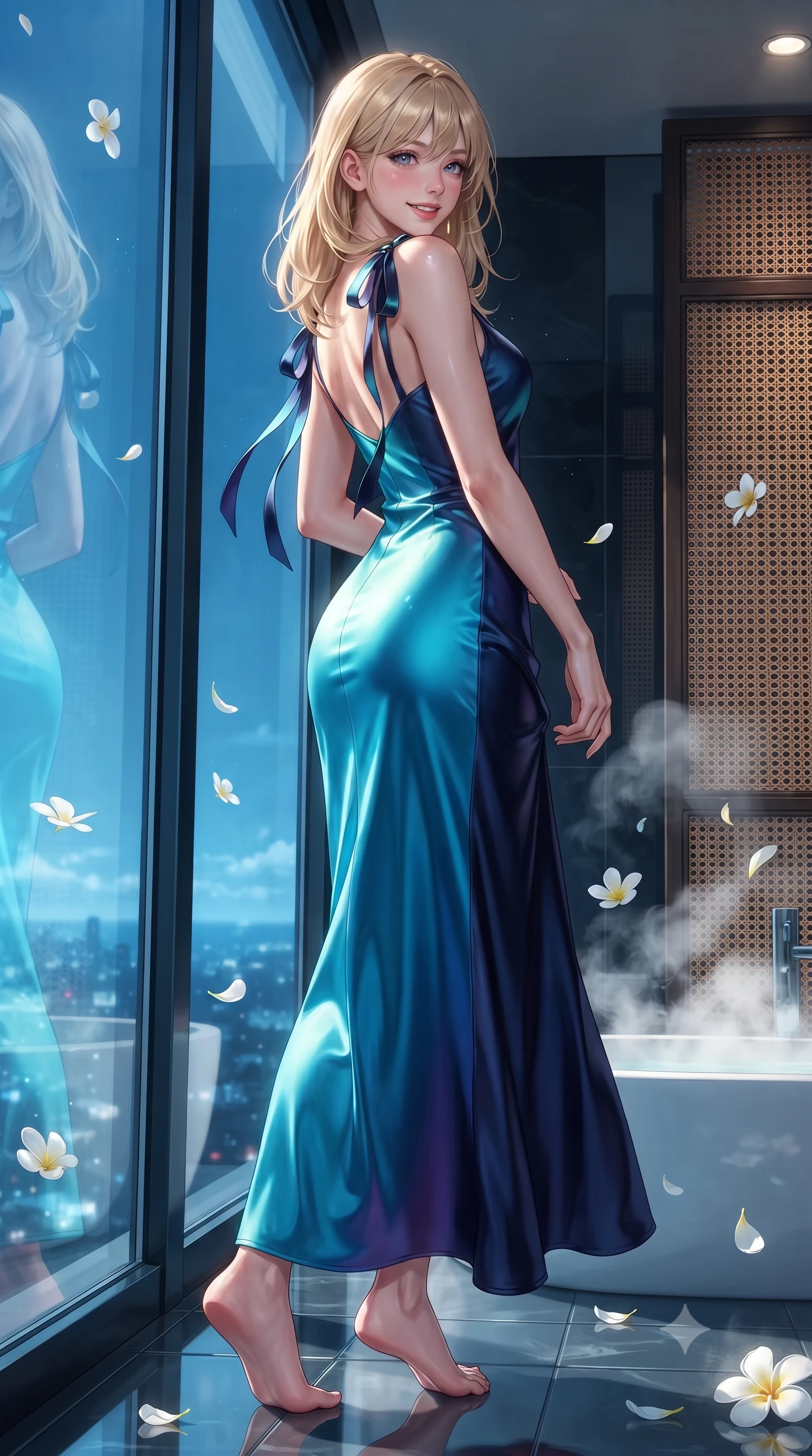score_9, masterpiece, best quality, ultra-detailed, high-budget anime keyframe, editorial fashion photography, tasteful artistic composition, Japanese woman. low angle full-body shot from head to toe showing her feet, filling the entire 9:16 vertical frame with her statuesque presence, stretching her vertical silhouette. posing in a classic haute-couture S-curve stance beside the floor-to-ceiling window, looking over a bare shoulder with magnetic presence while twisting her slender torso in an alluring S-curve beside the fragrant frangipani flower bath, aromatic steam wrapping around her narrow waist and hips. The surrounding environment is rendered in vivid detail and crisp panoramic clarity: sharp tempered glass clarity, floating white frangipani flower petals, and hand-woven rattan screen patterns in deep focus. She has an exceptionally tall and slender model-like 8.5-heads proportion, an ultra-slim waist, a flat toned midriff, narrow delicate ribcage, and beautifully sculpted feminine hips creating a graceful, slim hourglass silhouette without any bulky heaviness, with impossibly long slender legs. sharp v-shaped jawline, high-bridge nose, intricate jewel-like sparkling eyes with depth, thick eyelashes, glossy parted lips with a natural peach sheen, bright cheerful beaming smile with an enchanting and coquettish sensual glint, exuding both youthful cute charm and seductive allure, flawlessly proportioned anatomical accuracy, strict slender model proportions, natural body alignment, perfectly sculpted long slender limbs, ultra-slim waistline, clean dynamic posture without body distortion. wearing a sculpted liquid satin bias-cut slip dress tailored with contouring seams that adhere flawlessly over her feminine hips in Maldivian bioluminescent electric cyan and midnight indigo, tailored from ultra-plush silk velvet with rich tactile depth and deep shadow gradients, finished with satin ribbon ties at the shoulders fluttering in the gentle breeze, the impeccably tailored cut draping gracefully along her slender figure with aristocratic poise. illuminated by glass floor reflection bounce and sharp platinum-cyan rim lights defining her dewy collarbones, ultra-slim waist, and curvy hips. ultra-reflective glossy finish, specular highlights, rich textural contrasts, high-contrast stereoscopic depth, volumetric dynamic lighting, 2k, ultra detail, master piece, 9:16 ratio
