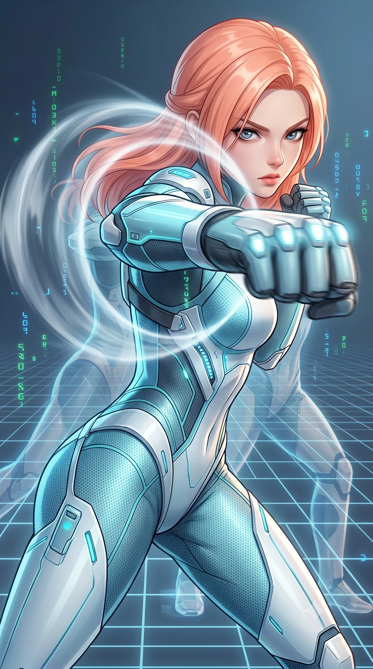 score_9, masterpiece, best quality, ultra-detailed, high-budget anime keyframe, semi-realistic 3D game render, editorial fashion photography, tasteful artistic composition, Japanese woman. close-up cowboy shot from the waist and thighs up, the character dominates the composition, filling the frame with her large presence. thrusting a high-speed kinetic punch toward the camera, a visible conical shockwave distortion wrapping around her sleek carbon forearm while shifting at supersonic speed across a glowing quantum grid floor, leaving translucent holographic after-images in her wake. The surrounding environment is rendered in vivid detail and crisp panoramic clarity. intricate carbon suit nano-circuit lines, glowing knuckle LEDs, and matrix code glyphs in high clarity. She has an exceptionally elegant, slender, and willowy female figure with an ultra-slim waist, a gracefully sculpted slender torso, toned flat midriff, and a refined slim silhouette. sharp v-shaped jawline, high-bridge nose, intricate jewel-like eyes with depth, thick eyelashes, glossy lips with a natural sheen, flawlessly proportioned anatomical accuracy, strict slender model proportions, natural body alignment, perfectly sculpted long slender limbs, ultra-slim waistline, clean dynamic posture without body distortion. wearing an ultra-sleek glacial-cyan and white carbon-mesh combat bodysuit with frost-resistant kinetic shock-absorber plating in glacial ice-cyan carbon mesh with pure white armor plates, made of lightweight aerodynamic carbon-titanium alloy with polished edge bevels, complemented by criss-cross back harness straps highlighting her completely bare spine, the glove-like aerodynamic second-skin fit tightly clinging to her ultra-slender waist and athletic curves without adding bulk, accentuating her razor-sharp statuesque lines and slim hourglass silhouette. surrounded by an omniscient, divine, and radiantly transcendent martial muse aura. rich saturated anime colors with glowing neon highlights, detailed shading with soft gradients, rich glossy textures, high-contrast stereoscopic depth, volumetric dynamic lighting, master piece, 9:16 ratio