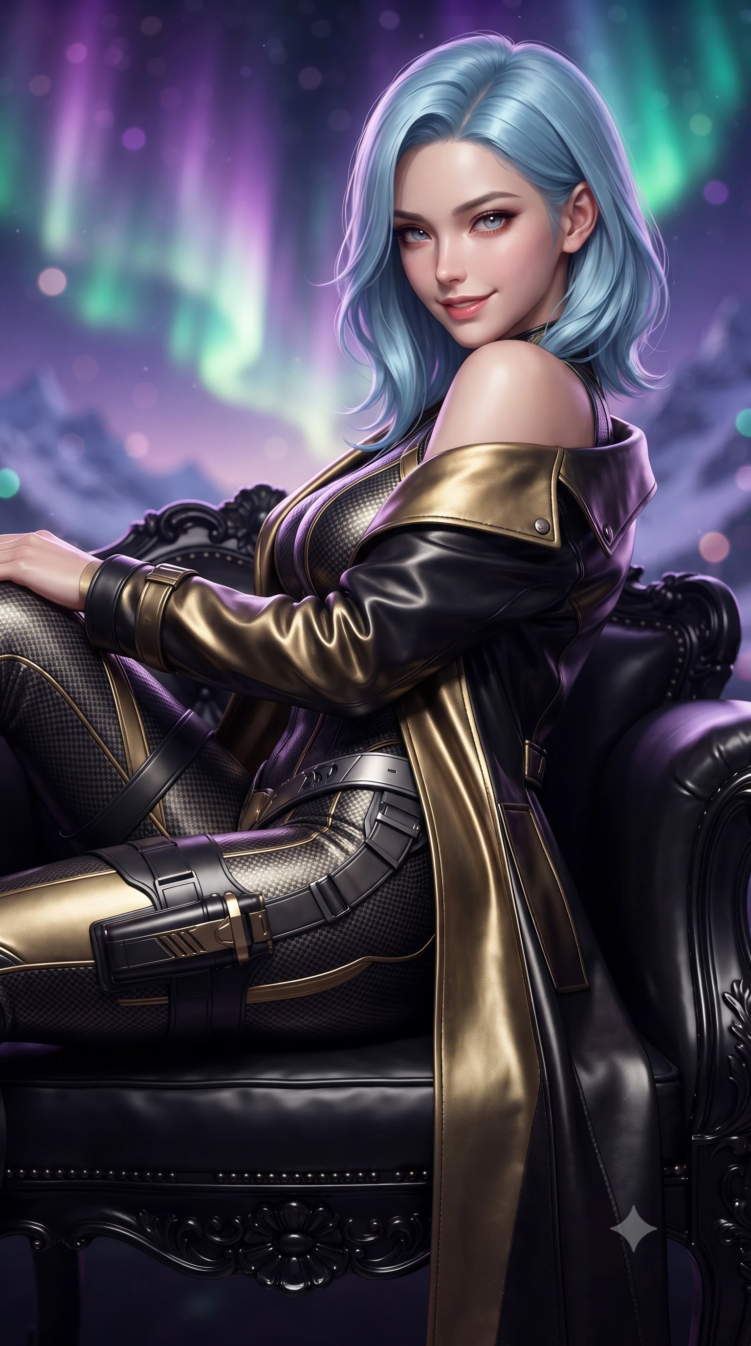 score_9, masterpiece, best quality, ultra-detailed, high-budget anime keyframe, editorial fashion photography, tasteful artistic composition, Korean woman. close-up cowboy shot from the waist and thighs up, the character dominates the composition, filling the frame with her large presence. turning over a bare shoulder with an intoxicating, teasing smile, her soft hair framing her sharp jawline as her hips angle gracefully while reclining on a carved obsidian throne propped on one elbow, eyes glowing with supernatural magnetism as she glances past the camera. The composition keeps background elements in soft focus with creamy bokeh. swirling violet, emerald, and magenta aurora curtains and distant glacier peaks blurred into glowing amethyst, teal, and diamond bokeh. She has an exceptionally elegant, slender, and willowy female figure with an ultra-slim waist, a gracefully sculpted slender torso, toned flat midriff, and rounded feminine hips creating an alluring hourglass silhouette. sharp v-shaped jawline, high-bridge nose, intricate jewel-like eyes with depth, thick eyelashes, glossy parted lips with a natural sheen, intensely captivating and seductive bedroom-eyes expression, flawlessly proportioned anatomical accuracy, strict slender model proportions, natural body alignment, perfectly sculpted long slender limbs, ultra-slim waistline, clean dynamic posture without body distortion. wearing a second-skin dark carbon-weave infiltration catsuit paired with a tailored long leather trench coat in metallic liquid gold and obsidian black, crafted from lightweight carbon-titanium composite with precision beveled seams, equipped with a sleek titanium wing-inspired hip harness and leg holster, the liquid-tight tailored fabric clinging flawlessly to her narrow waist and rounded feminine hips, emphasizing every millimeter of her sculpted hourglass curves during movement. surrounded by an indomitable, lethal, and breathtakingly majestic cyber-valkyrie goddess aura. ultra-reflective glossy finish, specular highlights, rich textural contrasts, high-contrast stereoscopic depth, volumetric dynamic lighting, 2k, ultra detail, master piece, 9:16 ratio