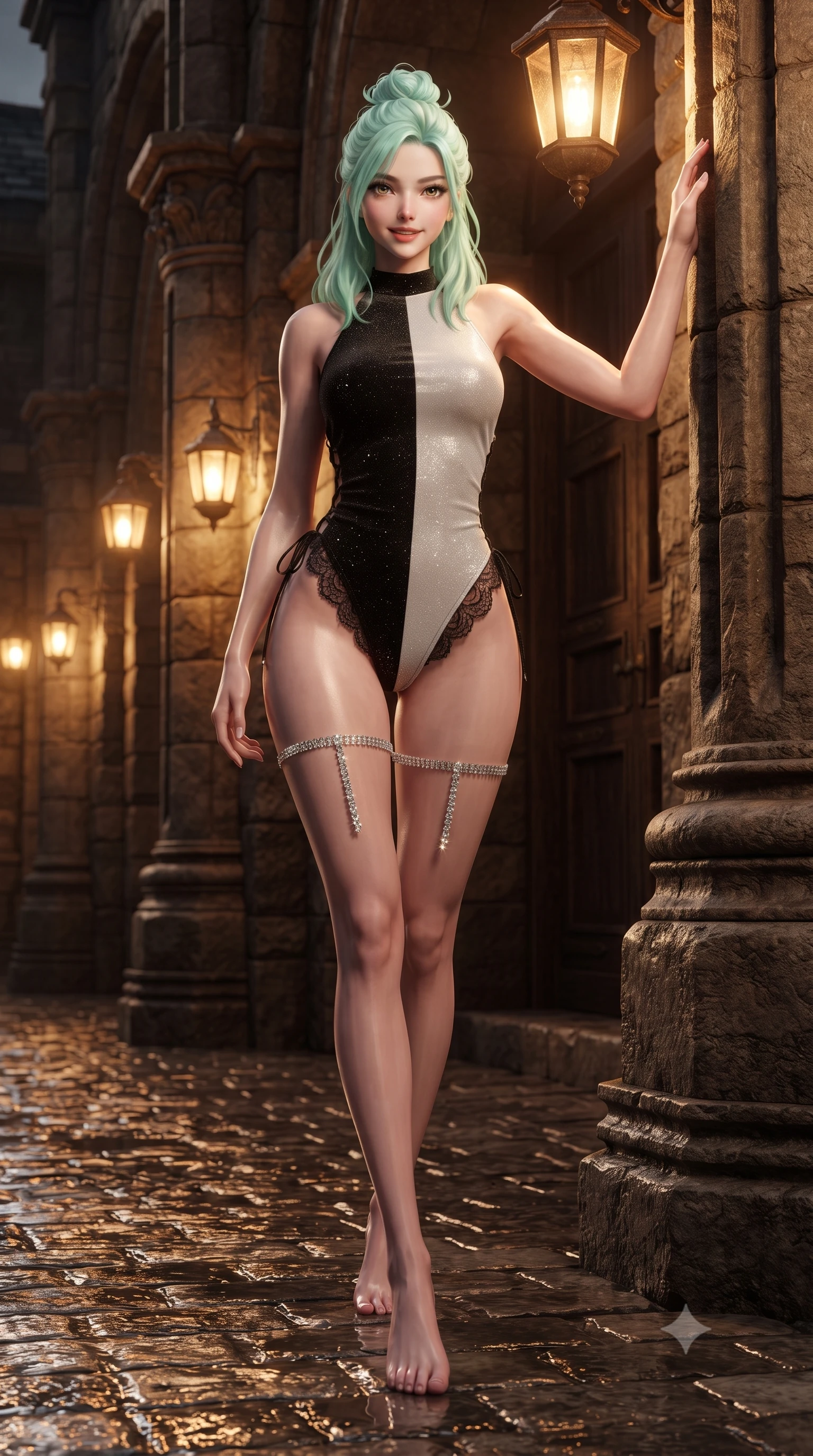 score_9, masterpiece, best quality, ultra-detailed, high-budget anime keyframe, editorial fashion photography, tasteful artistic composition, Japanese woman. low angle full-body shot from head to toe showing her feet, filling the entire 9:16 vertical frame with her statuesque presence, stretching her vertical silhouette. standing tall beside the architectural column, one hand resting high while arching her lower back to emphasize her sculpted feminine hips and slender waist while walking slowly across the wet cobblestones, hips swaying in an alluring kinetic rhythm that commands the ancient fortress. The surrounding environment is rendered in vivid detail and crisp panoramic clarity: detailed second-skin leatherette bodice cling, glossy parted lips, and castle architecture in razor-sharp precision. She has an absolutely perfect, statuesque 8.5-heads proportion, an exceptionally tall and slender model-like female figure with impossibly long slender legs, an ultra-slim waist, a flat toned midriff, narrow delicate ribcage, and beautifully sculpted feminine hips creating a graceful, slim hourglass silhouette without any bulky heaviness. sharp v-shaped jawline, high-bridge nose, sparkling eyes with hypnotic seductive depth, thick curled eyelashes, glossy parted lips with a natural dewy peach sheen, alluring bedroom-eyes with an enchanting coquettish smile, exuding magnetic siren charisma and sophisticated glamour, flawlessly proportioned anatomical accuracy, strict slender model proportions, natural body alignment, perfectly sculpted long slender limbs, ultra-slim waistline, clean dynamic posture without body distortion. wearing a slinky backless halterneck velvet leotard with scalloped eyelash lace hems and sheer lace-up side ties in dual-tone high-contrast avant-garde monochrome, woven from stretch metallic lurex jersey casting radiant starlight glints across her silhouette, finished with delicate crystal-encrusted thigh garter straps glinting under the lights, the liquid-tight tailored fabric clinging flawlessly to her narrow waist and rounded feminine hips, emphasizing every millimeter of her sculpted slim hourglass curves without any bulky heaviness. bathed in warm amber light spilling from carriage lanterns mounted on stone pillars. ultra-reflective glossy finish, specular highlights, rich textural contrasts, high-contrast stereoscopic depth, volumetric dynamic lighting, 2k, ultra detail, master piece, 9:16 ratio