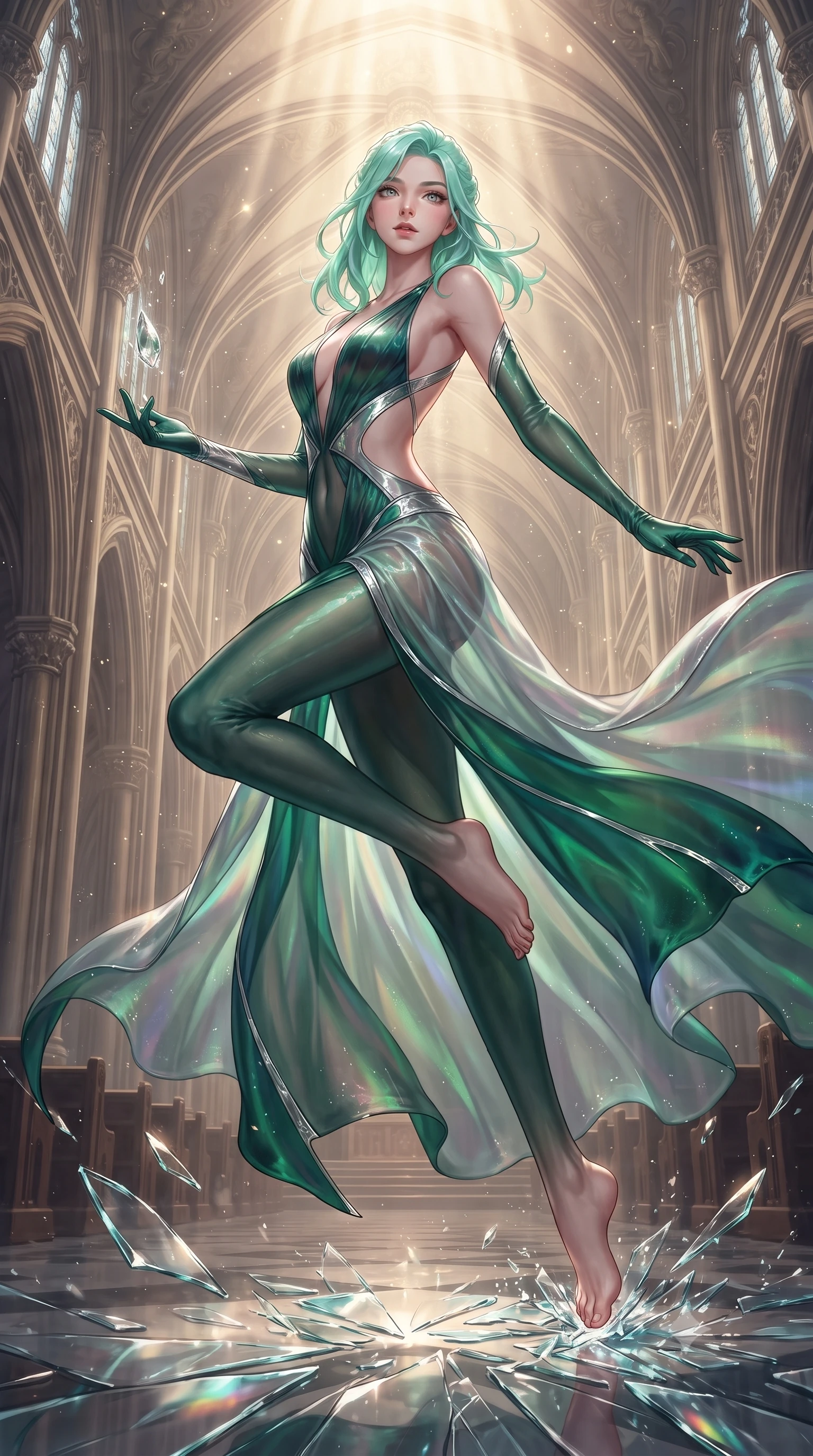 score_9, masterpiece, best quality, ultra-detailed, high-budget anime keyframe, editorial fashion photography, tasteful artistic composition, Japanese woman. low angle full-body shot from head to toe showing her feet, filling the entire 9:16 vertical frame with her statuesque presence, stretching her vertical silhouette. interacting gracefully with the magical floating elements while maintaining a confident posture leaping through shattered liquid glass fragments in a illuminated cathedral, majestic vaulted ceilings rising high into a luminous atmosphere. She has an absolutely perfect, statuesque 8.5-heads proportion, an exceptionally tall and slender model-like female figure with impossibly long slender legs and an ultra-slim waist. sharp v-shaped jawline, high-bridge nose, intricate jewel-like eyes with depth, thick eyelashes, glossy lips with a natural sheen. wearing a translucent iridescent chiffon gown with a plunging neckline and open back in deep emerald green and silver accent, crafted from lustrous satin jersey with fluid draping, featuring clean architectural cutouts along her slender torso, the glove-like fit emphasizing her statuesque silhouette. surrounded by a glowing divine aura of sunbeams and incense radiance. highly saturated vibrant anime colors, detailed shading with soft gradients, rich glossy textures, high-contrast stereoscopic depth, volumetric dynamic lighting, master piece, 9:16 ratio