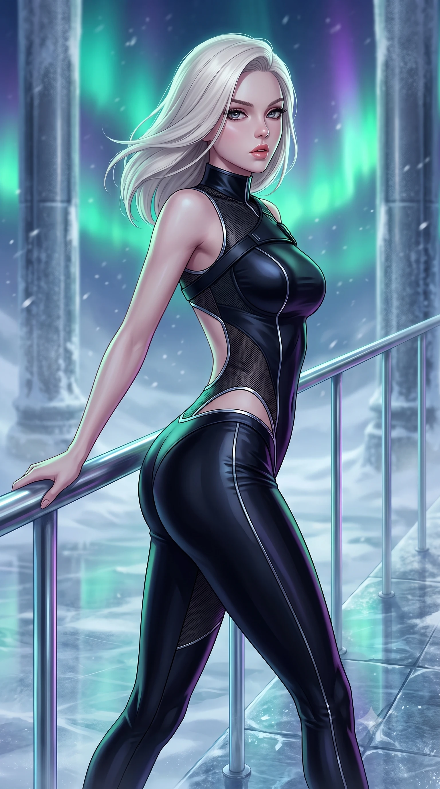 score_9, masterpiece, best quality, ultra-detailed, high-budget anime keyframe, semi-realistic 3D game render, editorial fashion photography, tasteful artistic composition, Caucasian woman. close-up cowboy shot from the waist and thighs up, the character dominates the composition, filling the frame with her large presence. leaning forward against the polished railing with her hips cocked back, creating an intoxicating curve from her narrow waist to sculpted hips as she gazes back into the lens while striding across the reflective frozen stone temple floor, hips swaying in an alluring rhythm as gale-force winds whip her silk drapery. The composition keeps background elements in soft focus with creamy bokeh. frosted titanium temple pylons and swirling snow haze softened in dramatic cinematic depth. She has an exceptionally elegant, slender, and willowy female figure with an ultra-slim waist, a gracefully sculpted slender torso, toned flat midriff, and rounded feminine hips creating an alluring hourglass silhouette. sharp v-shaped jawline, high-bridge nose, intricate jewel-like eyes with depth, thick eyelashes, glossy parted lips with a natural sheen, intensely captivating and seductive bedroom-eyes expression, flawlessly proportioned anatomical accuracy, strict slender model proportions, natural body alignment, perfectly sculpted long slender limbs, ultra-slim waistline, clean dynamic posture without body distortion. wearing a sharp sleeveless tactical catsuit with an asymmetric shoulder holster and high collar in pitch-black vinyl and specular chrome trim, made of breathable technical athletic mesh and liquid-finish track nylon, complemented by tactical fingerless combat gloves and stiletto combat boots, the precision-cut side openings and low-back scoop framing her graceful spine and the sensual sweep of her hips. bathed in vibrant emerald and violet aurora backlighting from the polar sky. highly saturated vibrant anime colors, detailed shading with soft gradients, rich glossy textures, high-contrast stereoscopic depth, volumetric dynamic lighting, master piece, 9:16 ratio