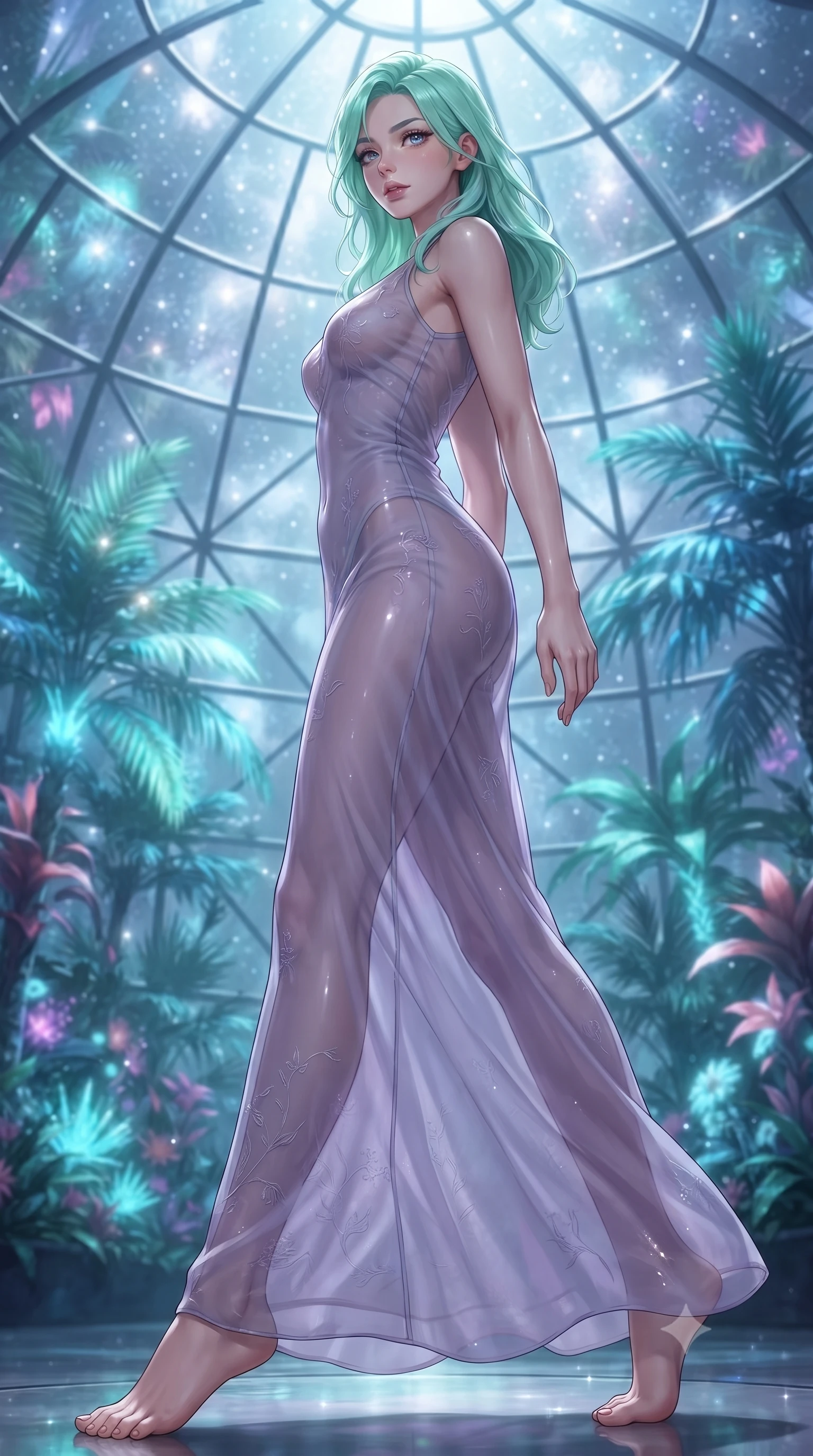 score_9, masterpiece, best quality, ultra-detailed, high-budget anime keyframe, editorial fashion photography, tasteful artistic composition, Japanese woman. low angle full-body shot from head to toe showing her feet, filling the entire 9:16 vertical frame with her statuesque presence, stretching her vertical silhouette. stepping gracefully while looking back over her shoulder, her dress draped tightly to reveal her silhouette the background shows a soft-focus a geodesic glass greenhouse dome filled with glowing bioluminescent tropical palms. She has an absolutely perfect, statuesque 8.5-heads proportion, an exceptionally tall and slender model-like female figure with impossibly long slender legs and an ultra-slim waist. sharp v-shaped jawline, high-bridge nose, intricate jewel-like eyes with depth, thick eyelashes, glossy lips with a natural sheen. wearing a body-hugging semi-transparent chiffon maxi dress in lavender, showing her silhouette through the sheer fabric. opal silver starlight filtering through the glass ceiling, creating a cool ambient atmosphere. ultra-reflective glossy finish, specular highlights, metallic sheen, high-contrast stereoscopic depth, volumetric dynamic lighting, 2k, ultra detail, master piece, 9:16 ratio