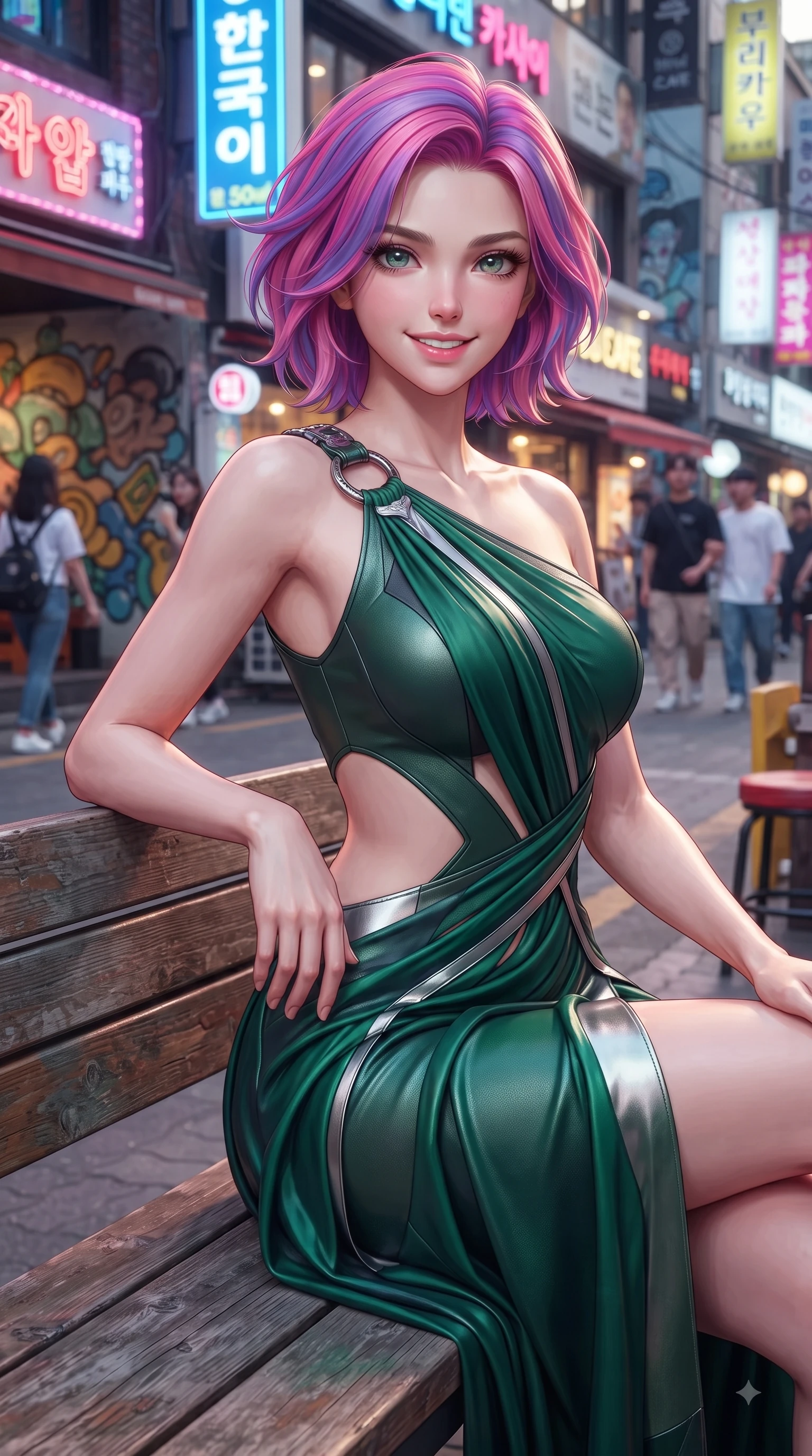 score_9, masterpiece, best quality, ultra-detailed, high-budget anime keyframe, editorial fashion photography, tasteful artistic composition, Caucasian woman. close-up cowboy shot from the waist and thighs up, the character dominates the composition, filling the frame with her large presence, background elements kept in soft focus. Youthful bright smile exuding pure cute charm and fresh energy, her torso turning dynamically into the lens while resting on a wooden bench outside a hipster cafe on a bustling Seoul fashion street, vibrant urban street art and neon shop signs casting colorful ambient light around her. She has an exceptionally elegant, slender, and willowy female figure with an ultra-slim waist, a gracefully sculpted slender torso, and a refined silhouette. sharp v-shaped jawline, high-bridge nose, intricate jewel-like eyes with depth, thick eyelashes, glossy lips with a natural sheen, flawlessly proportioned anatomical accuracy, natural body alignment, perfectly sculpted elegant limbs, clean dynamic posture without body distortion. wearing an asymmetrical Grecian draped chiffon gown with a metallic shoulder ring in deep emerald green and silver accent, made of fine carbon-fiber weave and soft matte leather, featuring subtle geometric cutouts that highlight her ultra-slim midriff, the tailored fabric tightly following every curve of her athletic build. illuminated by vibrant neon shop signs and crisp clear afternoon key light. ultra-reflective glossy finish, specular highlights, metallic sheen, high-contrast stereoscopic depth, volumetric dynamic lighting, 2k, ultra detail, master piece, 9:16 ratio