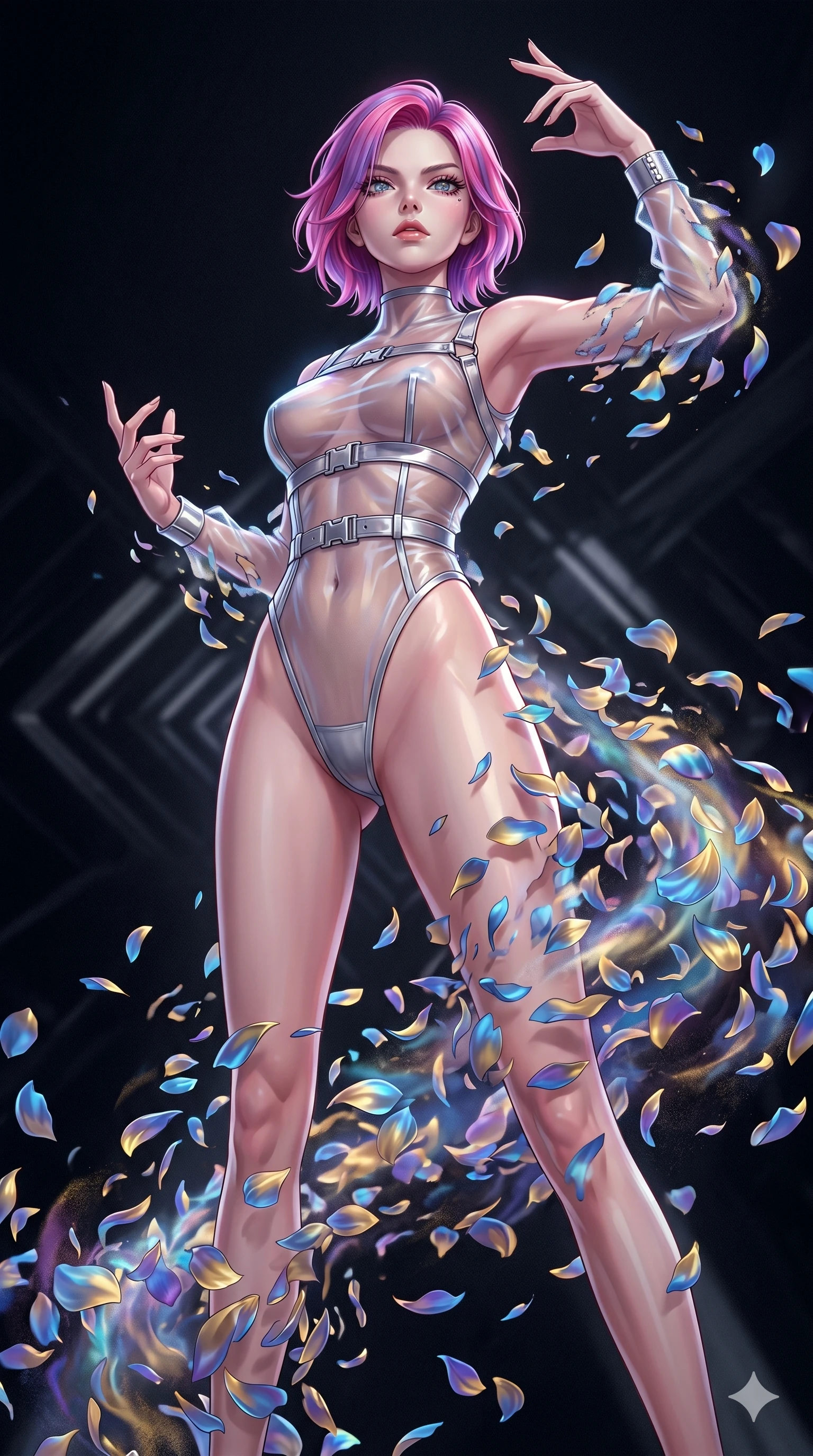 score_9, masterpiece, best quality, ultra-detailed, High-budget Anime Keyframe, East Asian woman. Low angle cowboy shot filling the entire 9:16 frame with her statuesque presence. Scenario 281: Dissolving into a cloud of iridescent silk petals in a void. Her presence is magnetic and overpowering in this high-budget anime scene. Outfit 281: A sheer organza dangerous with a high-cut leg line and metallic buckles. The clothing is designed to emphasize her exceptionally tall and slender 8-heads proportion. 8-heads proportion, towering silhouette, ultra-slim waist. sharp v-shaped jawline, intricate jewel-like eyes with depth, thick eyelashes, glossy lips. 2k, ultra detail, master piece, 9:16 ratio