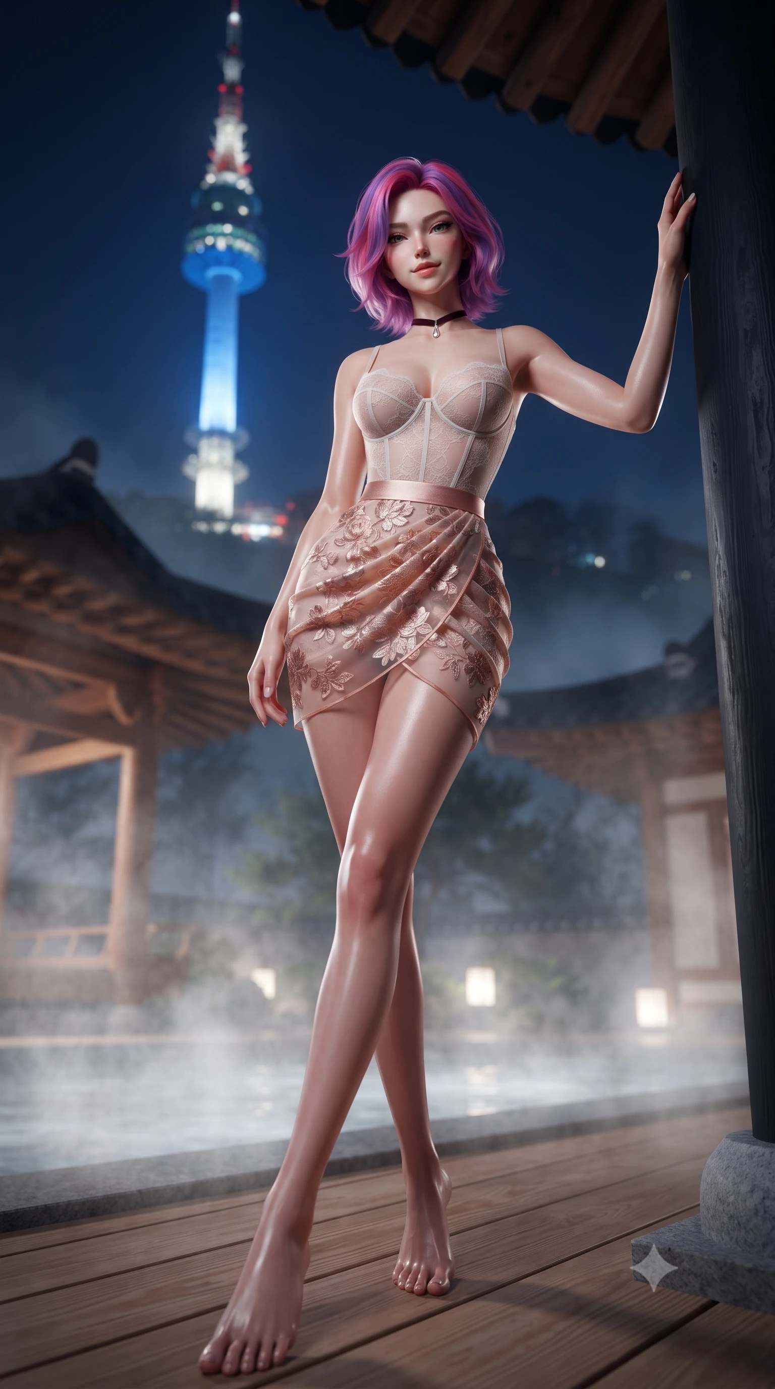 score_9, masterpiece, best quality, ultra-detailed, high-budget anime keyframe, editorial fashion photography, tasteful artistic composition, Caucasian woman. low angle full-body shot from head to toe showing her feet, filling the entire 9:16 vertical frame with her statuesque presence, stretching her vertical silhouette. standing tall beside the architectural column, one hand resting high while arching her lower back to emphasize her sculpted feminine hips and slender waist while standing poised on the aromatic hinoki wood deck as steam rises into the crisp night air, arching her spine with siren allure as N Seoul Tower blazes above. The background shows a soft-focus traditional wooden pavilion eaves softened in tranquil urban mountain sanctuary shallow focus. She has an exceptionally tall and slender model-like 8.5-heads proportion, an ultra-slim waist, a flat toned midriff, narrow delicate ribcage, and beautifully sculpted feminine hips creating a graceful, slim hourglass silhouette without any bulky heaviness, with impossibly long slender legs. sharp v-shaped jawline, high-bridge nose, intricate jewel-like sparkling eyes with depth, thick eyelashes, glossy parted lips with a natural peach sheen, bright cheerful beaming smile with an enchanting and coquettish sensual glint, exuding both youthful cute charm and seductive allure, flawlessly proportioned anatomical accuracy, strict slender model proportions, natural body alignment, perfectly sculpted long slender limbs, ultra-slim waistline, clean dynamic posture without body distortion. wearing a sculpted underwire demi-bustier in semi-sheer lace paired with an ultra-short draped tulip skirt in Bel Air sunset rose gold and dewy alabaster, made of delicate embroidered tulle lace with intricate floral motifs and soft transparency, finished with a thin velvet ribbon choker and a single teardrop diamond pendant, the form-contouring silhouette accentuating her sculpted flat midriff, narrow delicate ribcage, and gracefully curvy hips with intoxicating allure. illuminated by thermal pool surface caustics and sharp pearlescent rim lights sculpting her jawline, narrow waist, and curvy hips. ultra-reflective glossy finish, specular highlights, rich textural contrasts, high-contrast stereoscopic depth, volumetric dynamic lighting, 2k, ultra detail, master piece, 9:16 ratio