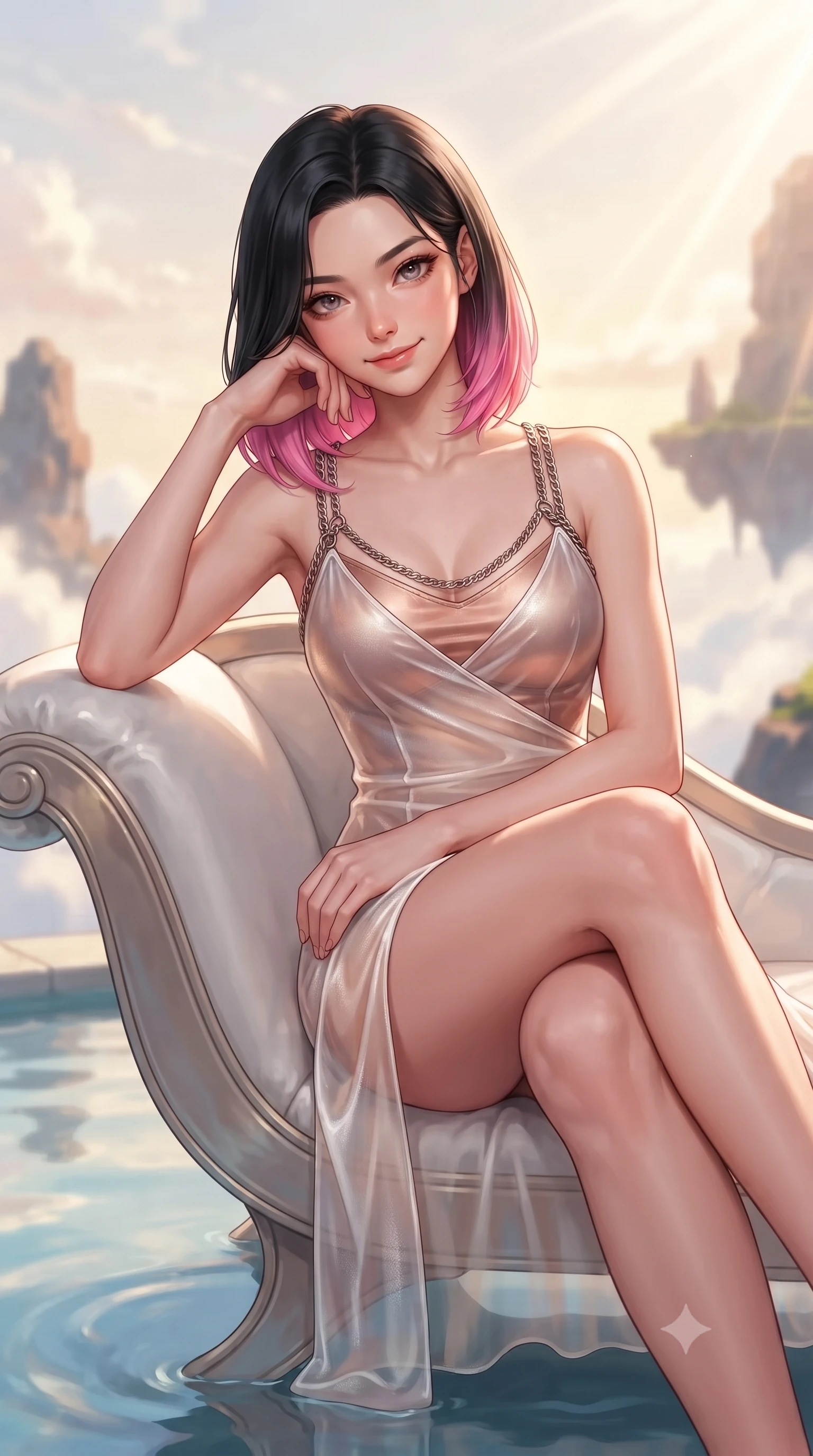 score_9, masterpiece, best quality, ultra-detailed, high-budget anime keyframe, editorial fashion photography, tasteful artistic composition, Korean woman. close-up cowboy shot from the waist and thighs up, the character dominates the composition, filling the frame with her large presence, background elements kept in soft focus. Smiling with quiet, magnetic self-assurance directly into the lens resting on a luxurious white lounge chair overlooking a floating sky island, still pool waters reflecting her slender silhouette and the open sky. She has an exceptionally elegant, slender, and willowy female figure with an ultra-slim waist, a gracefully sculpted slender torso, and a refined silhouette. sharp v-shaped jawline, high-bridge nose, intricate jewel-like eyes with depth, thick eyelashes, glossy lips with a natural sheen. wearing a semi-opaque sheer overlay dress over a leather micro-bodysuit in pearl white and rose gold, made of premium stretch velvet with a rich sheen, adorned with delicate metallic chain straps along the neckline, the glove-like fit emphasizing her statuesque silhouette. surrounded by a bright, luxurious aura of warm sunshine and sky reflections. highly saturated vibrant anime colors, detailed shading with soft gradients, rich glossy textures, high-contrast stereoscopic depth, volumetric dynamic lighting, master piece, 9:16 ratio