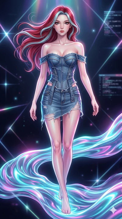 score_9, masterpiece, best quality, ultra-detailed, high-budget anime keyframe, Caucasian woman, strictly human ears. upper body close-up from the thighs up, character filling the screen for maximum presence. stepping on holographic fluid ribbons of 