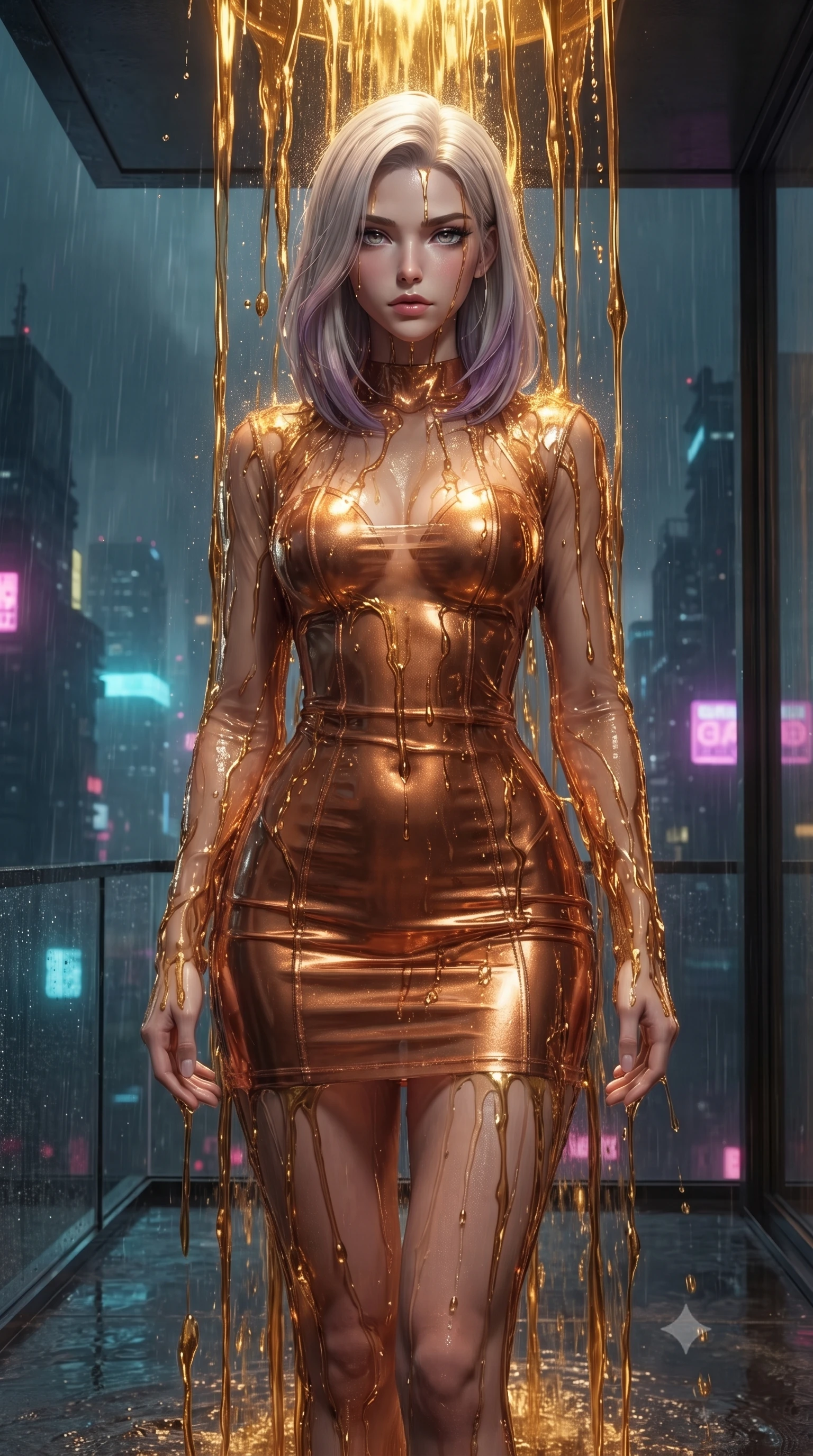 score_9, masterpiece, best quality, ultra-detailed, High-budget Anime Keyframe, editorial fashion photography, tasteful artistic composition, realistic cosplay photography, Caucasian woman, strictly human ears. Low angle cowboy shot filling the entire 9:16 frame with her statuesque presence. Scenario 495: standing under a waterfall of liquid gold, the fluid coating her form, in a minimalist glass balcony overlooking a rainy cyberpunk megacity. Her presence is magnetic and overpowering in this high-budget cinematic scene. Outfit 495: a form-contouring metallic copper sheer organza mini dress with sheer sleeves and opaque panels. The clothing is designed to emphasize her exceptionally tall and slender 8-heads proportion. 8-heads proportion, towering silhouette, ultra-slim waist. sharp v-shaped jawline, intricate jewel-like eyes with depth, thick eyelashes, glossy lips. ultra-reflective glossy finish, specular highlights, metallic sheen, high-contrast stereoscopic depth, volumetric dynamic lighting, 2k, ultra detail, master piece, 9:16 ratio